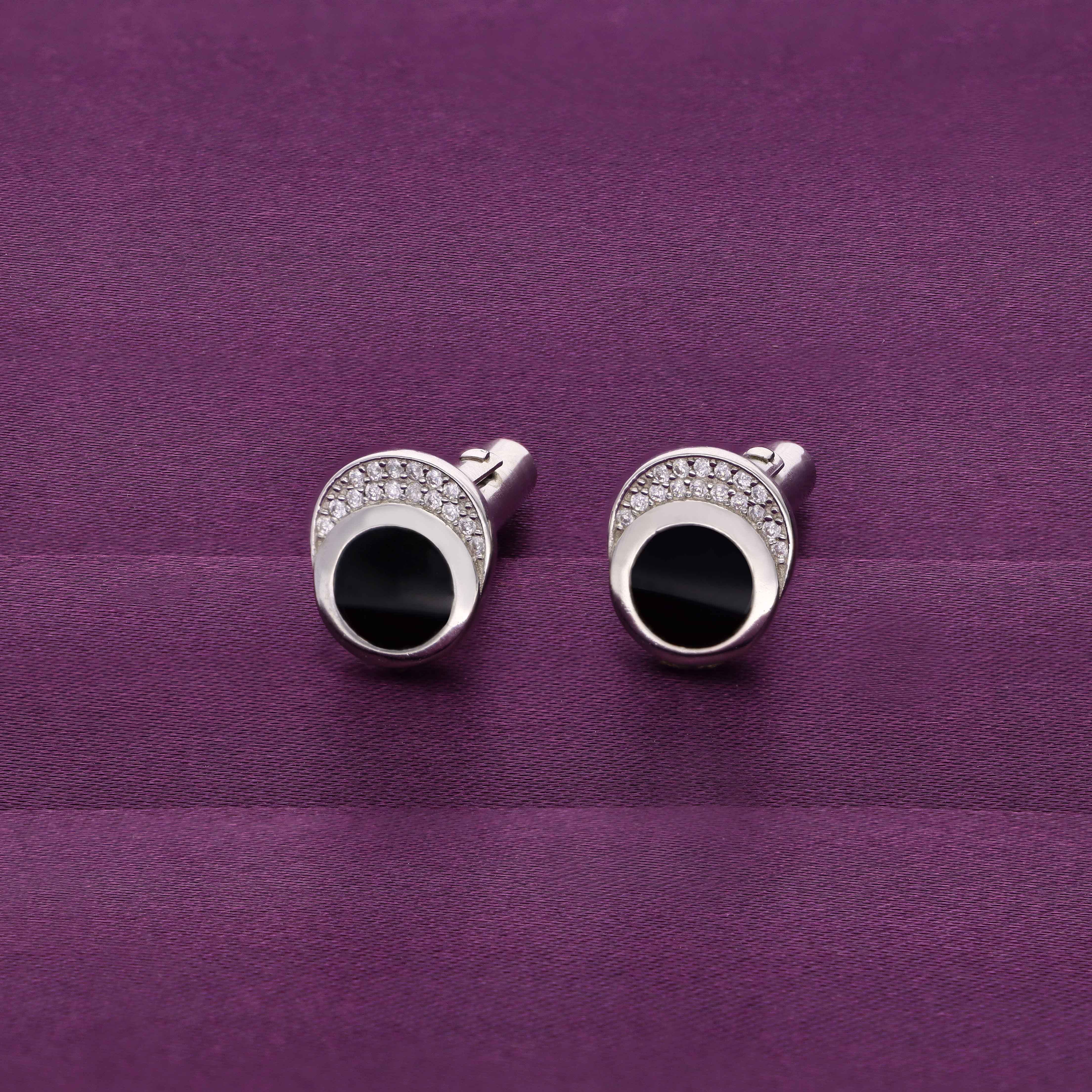 Men’s Circular Eye Zircon Black Silver Cufflinks - Image 2