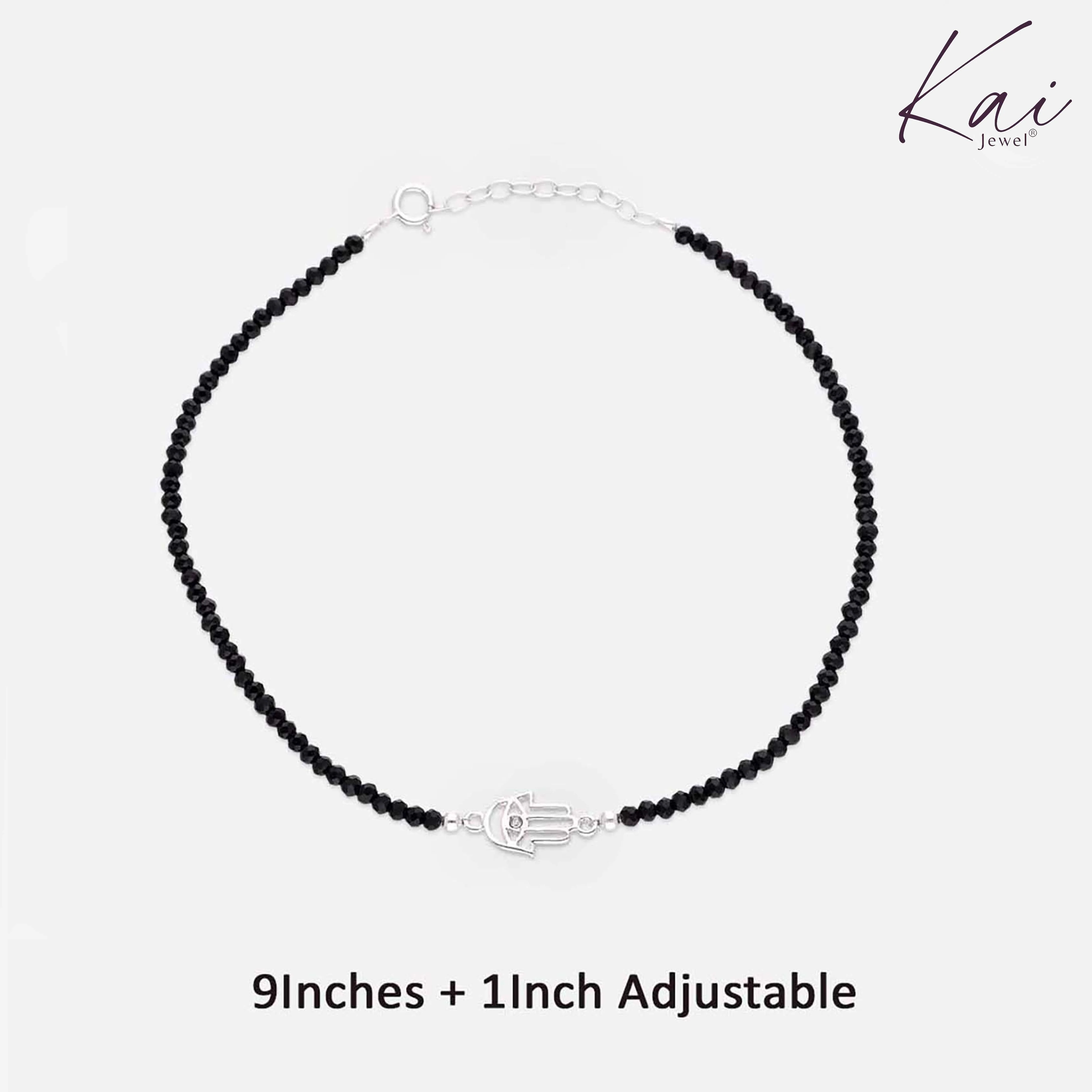 Sterling Silver Hamsa Black Beads Anklet - Image 4