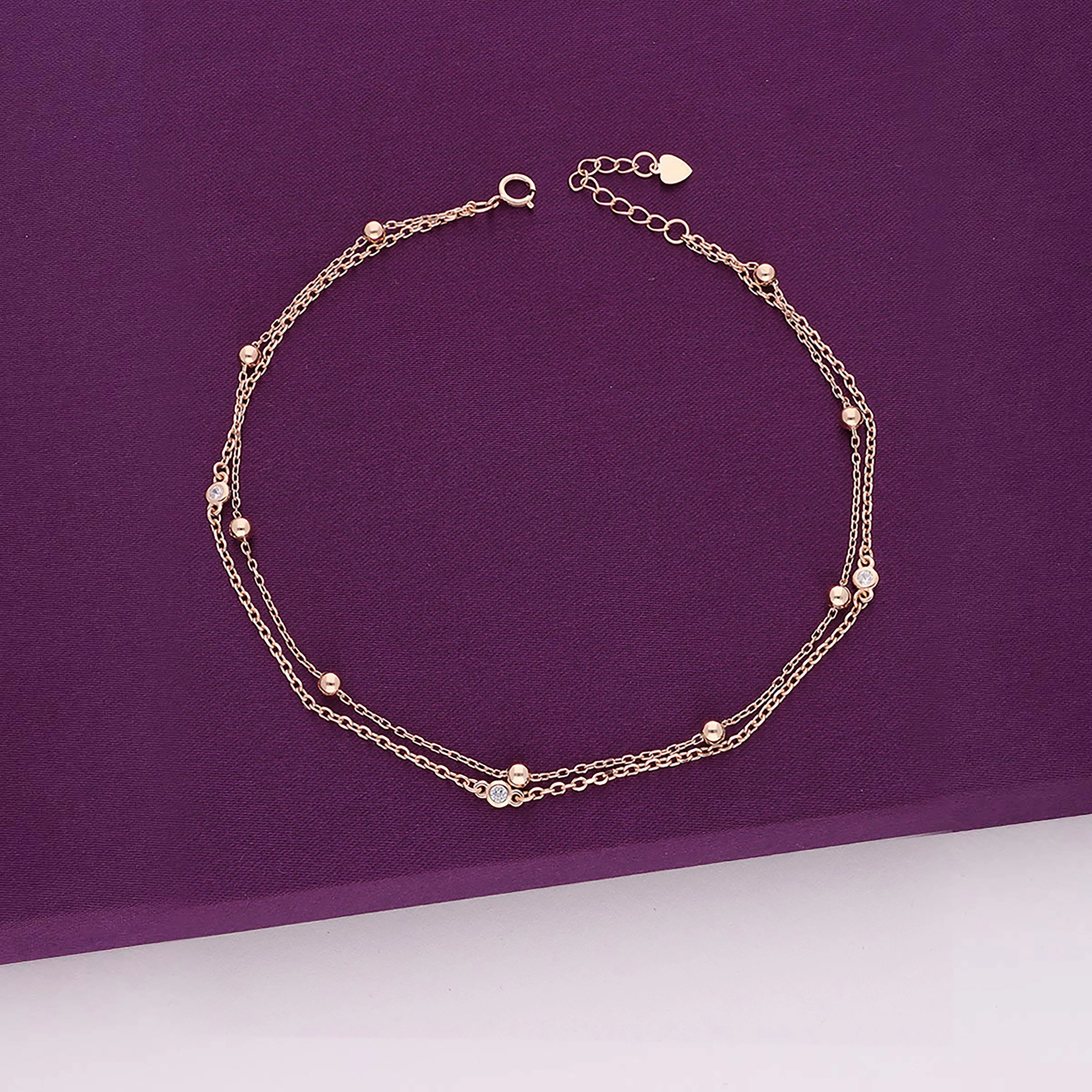 Sterling Silver Layered Bead & Zircon Anklet - Image 2