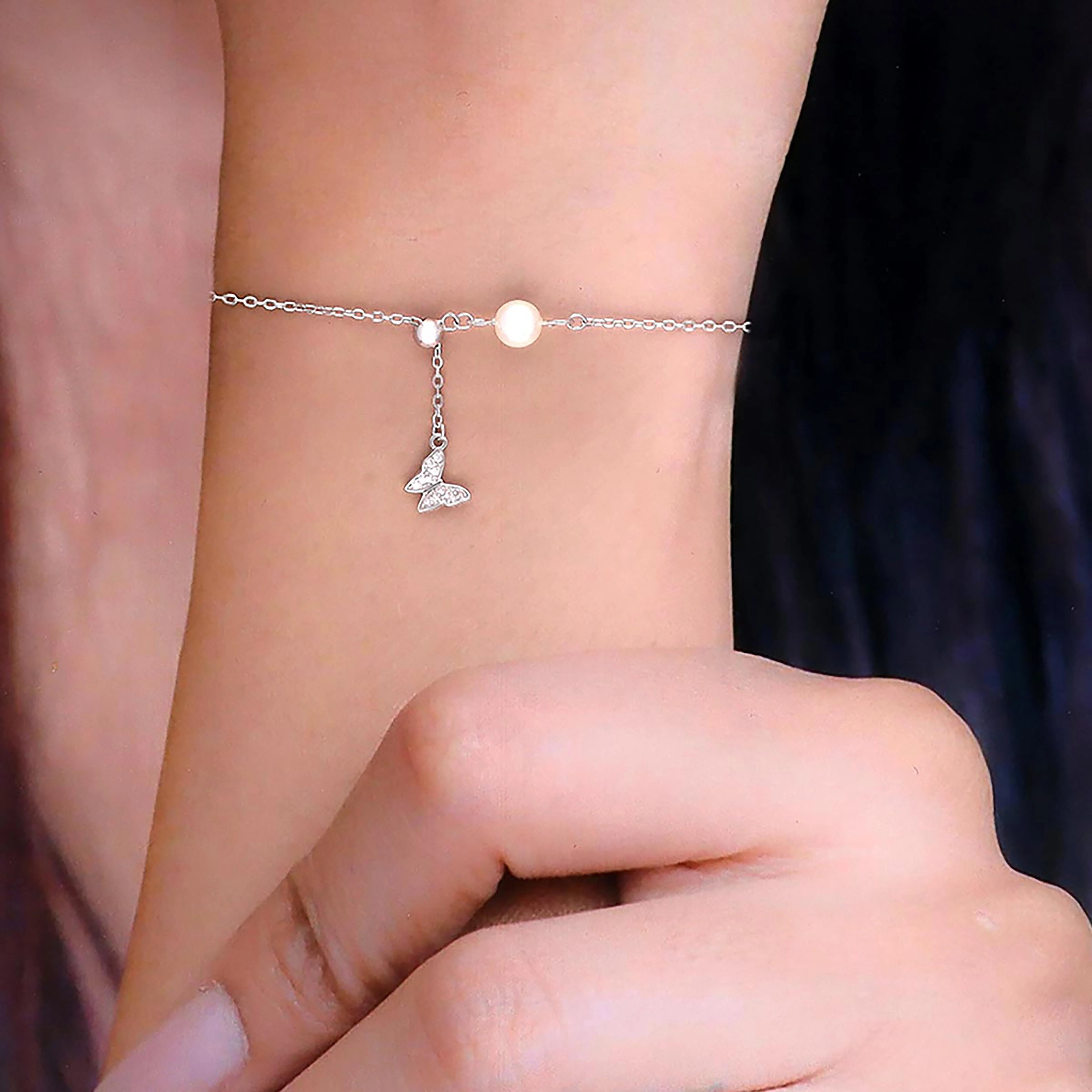 Sterling Silver Bejewelled Butterfly Pearl Charm Bracelet - Image 3