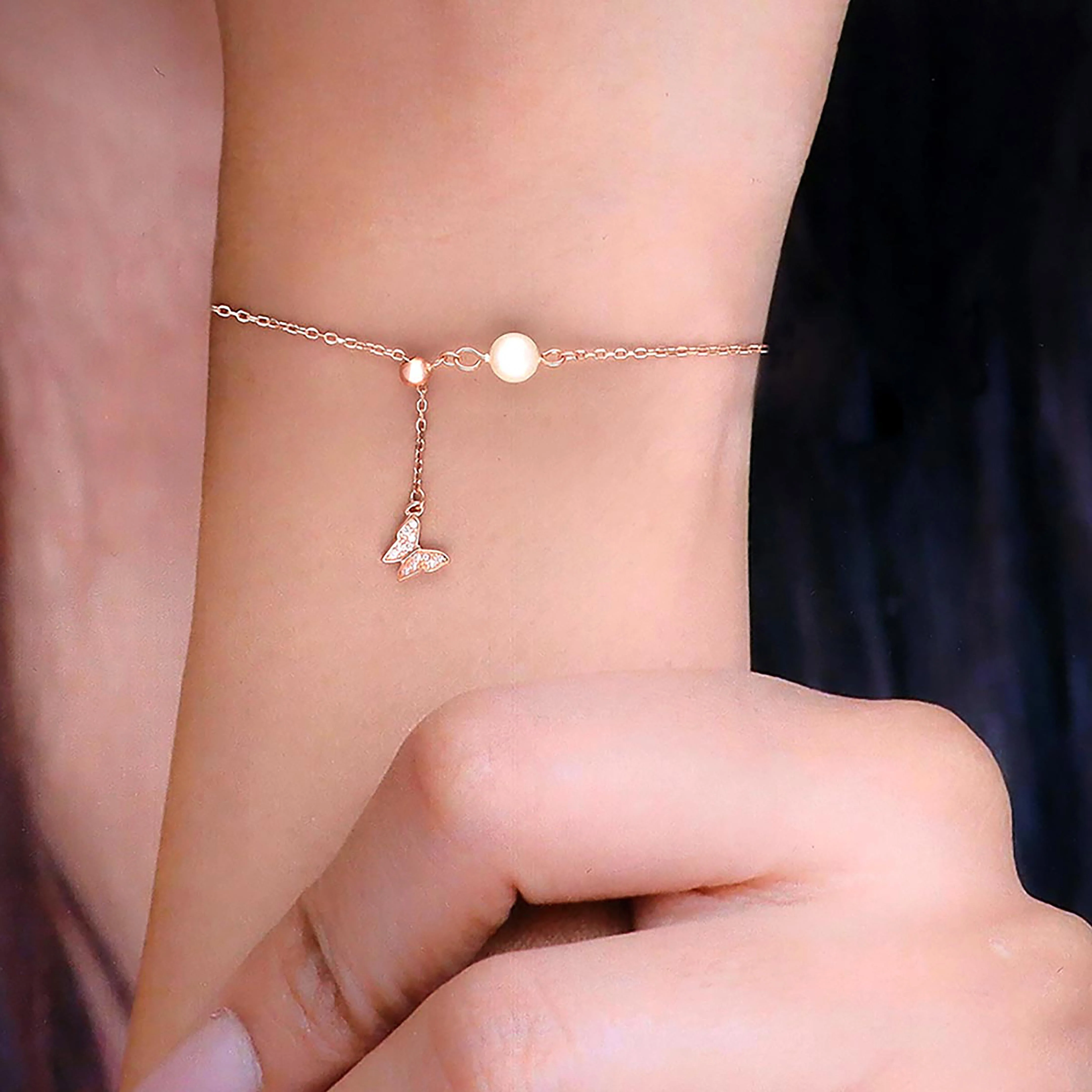 Sterling Silver Bejewelled Butterfly Pearl Charm Bracelet - Image 4