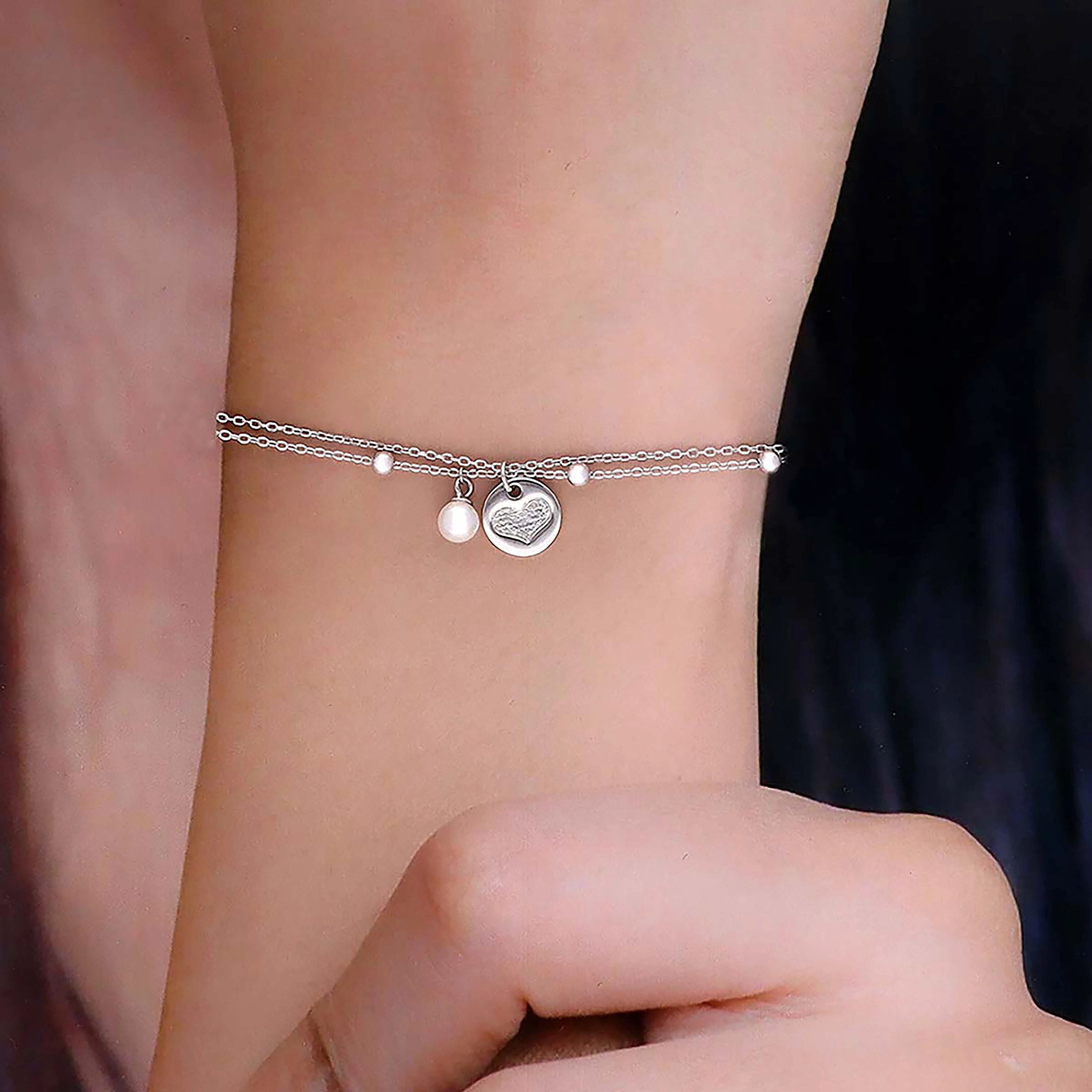 Sterling Silver Hearts & Pearl Charm Bracelet - Image 3