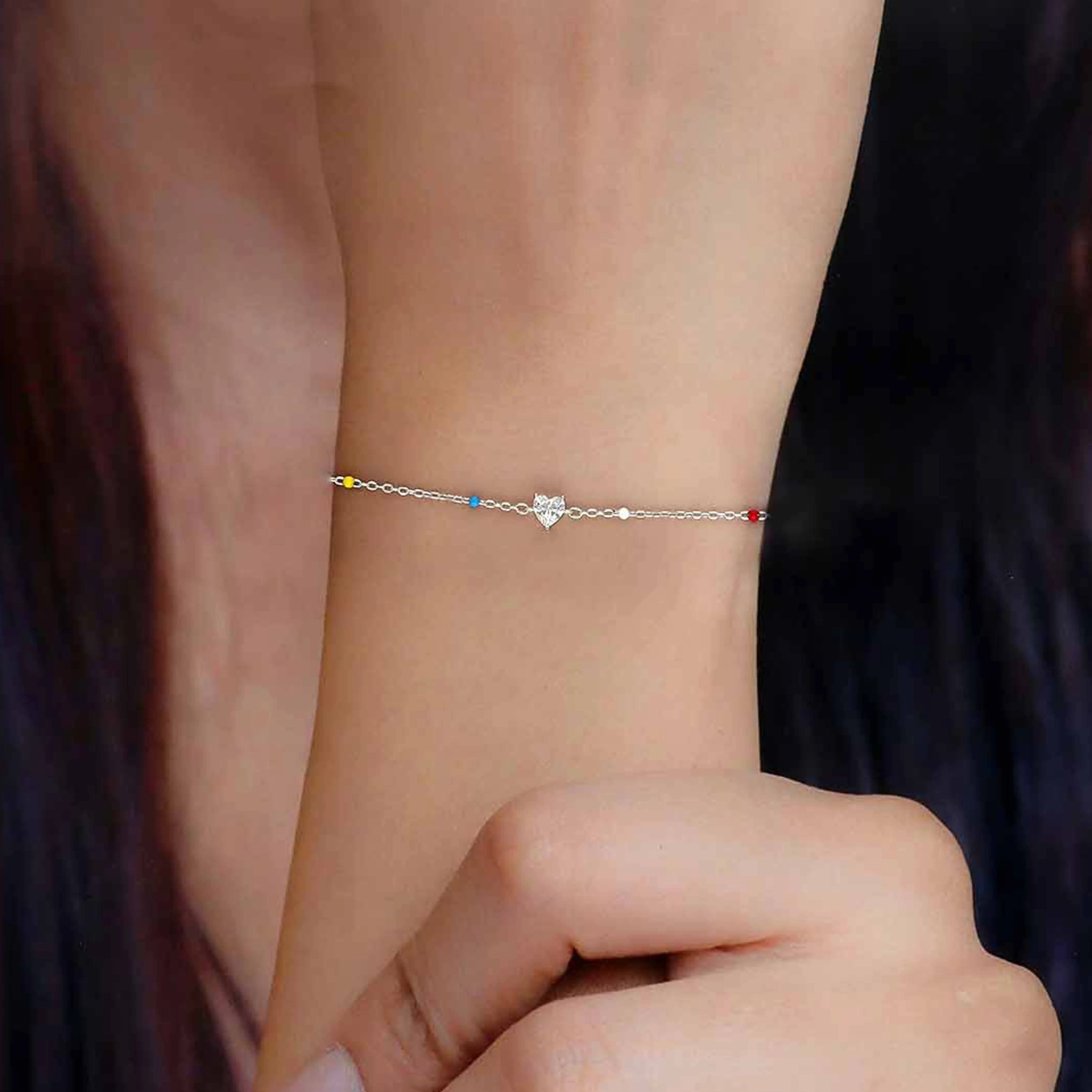 TRENDY MULTI COLOUR BEADS HEART SILVER BRACELET - Image 3