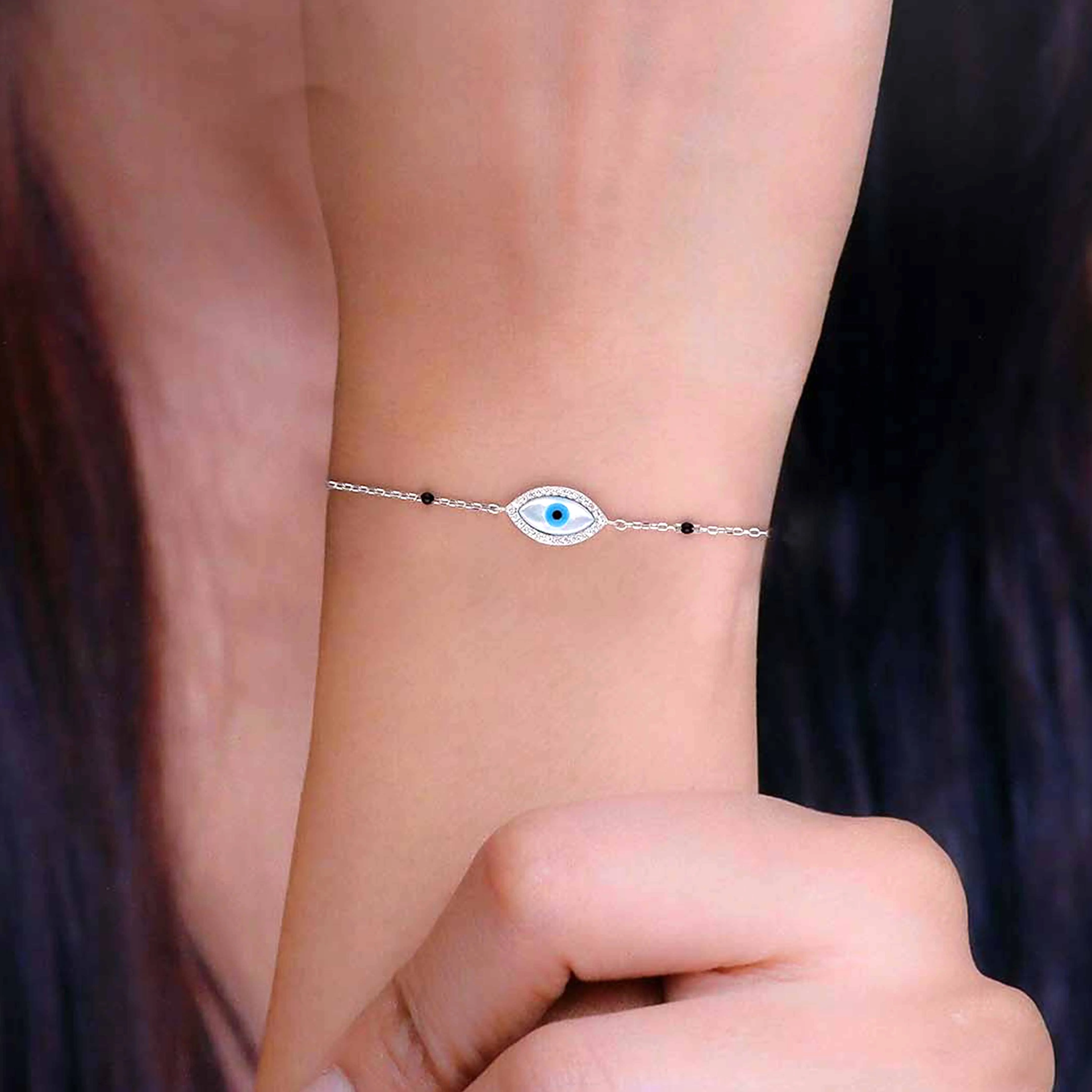 Sterling Silver Black Beads Evil Eye Bracelet - Image 3