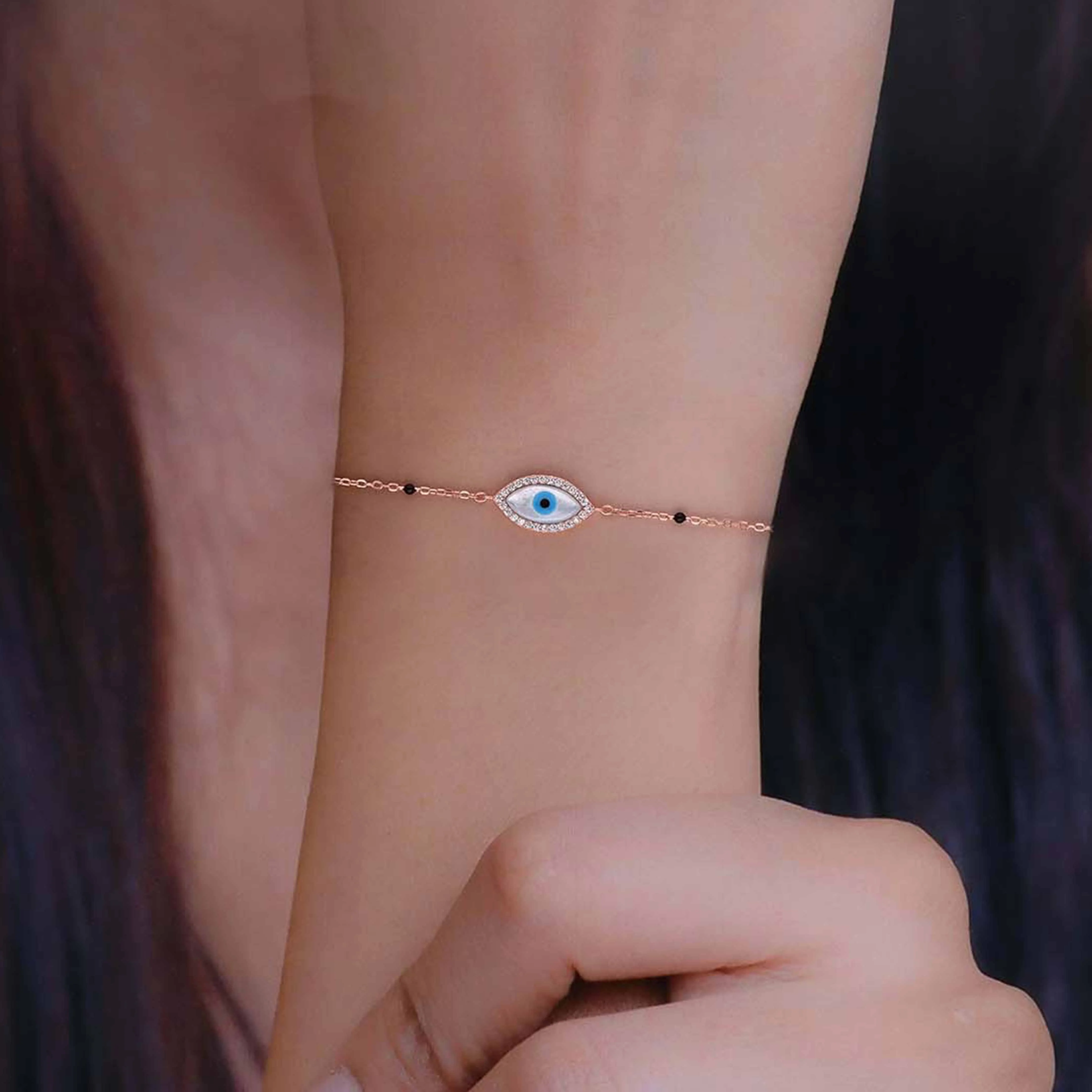 Sterling Silver Black Beads Evil Eye Bracelet - Image 4