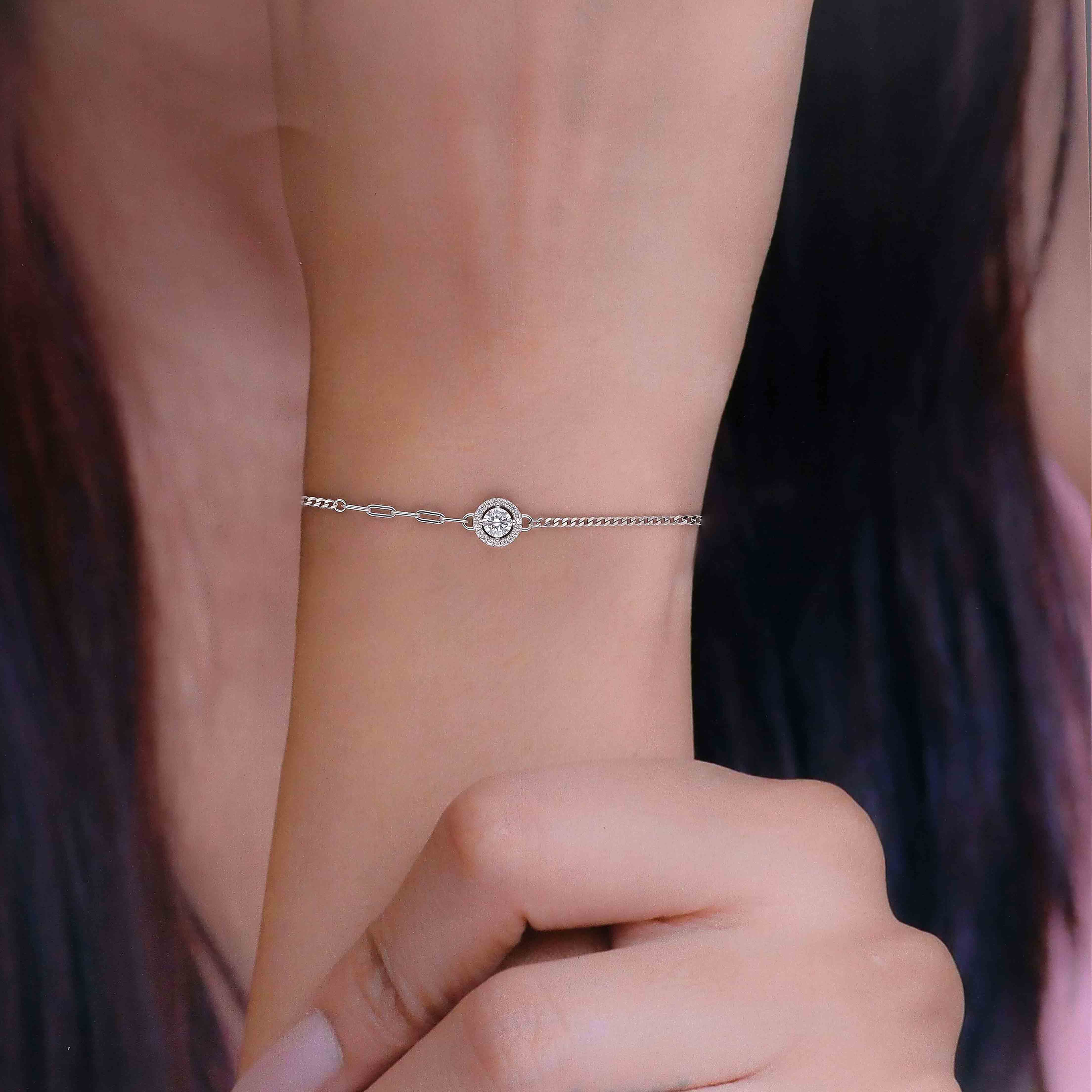 Stylish Solitaire Zircon Studded Silver Link Bracelet - Image 4