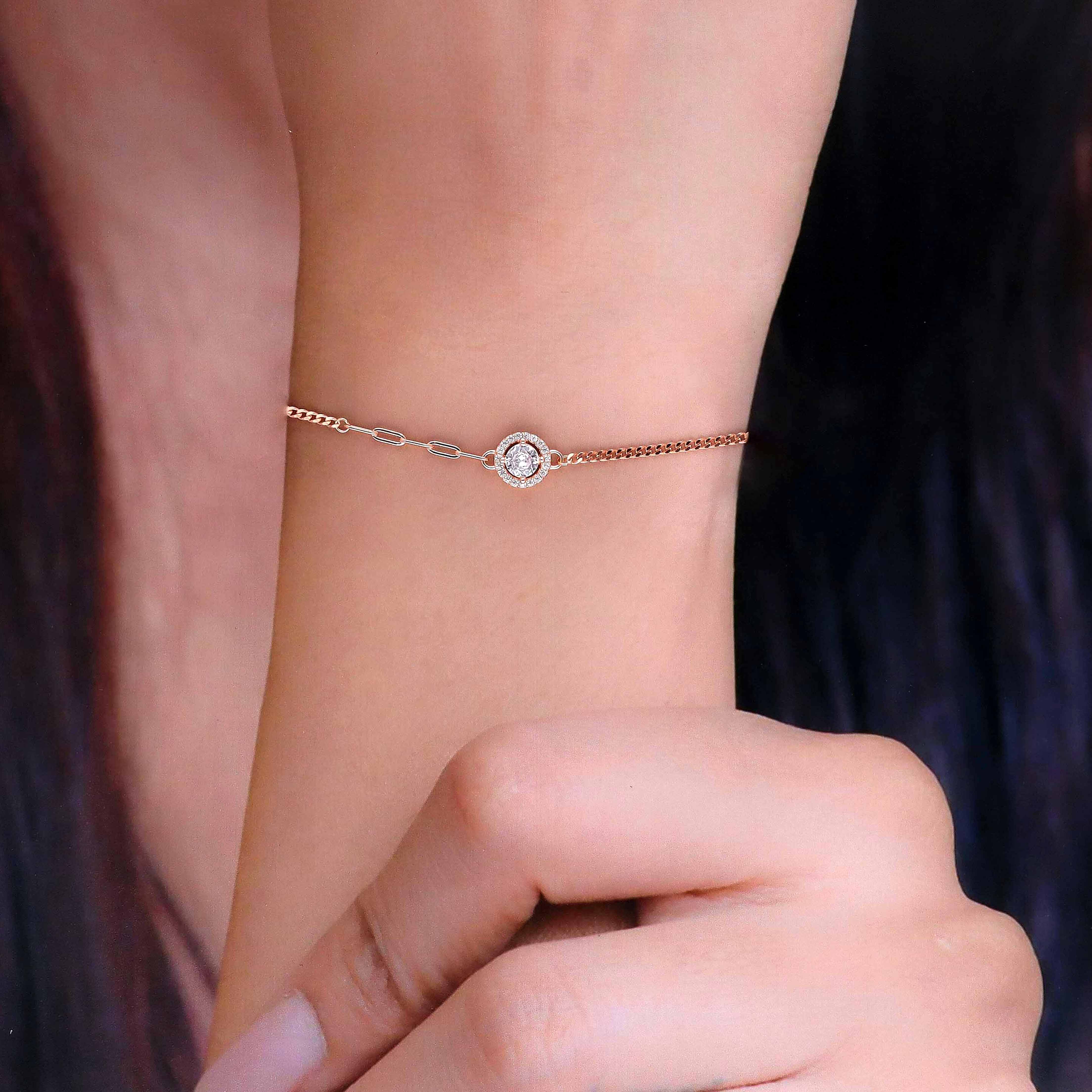 Stylish Solitaire Zircon Studded Silver Link Bracelet - Image 5