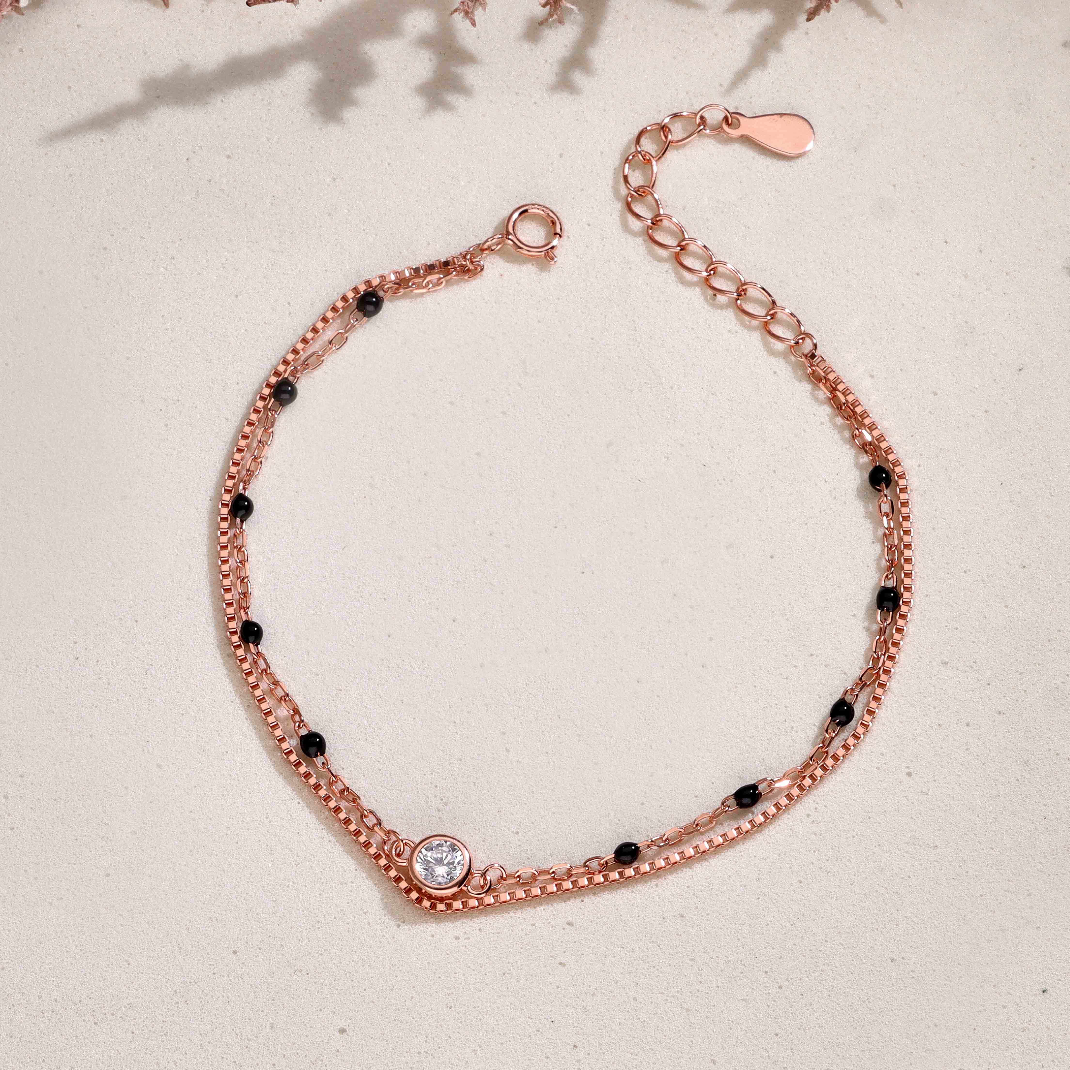 Double Chain with Black Beads Silver Bracelet - Image 2