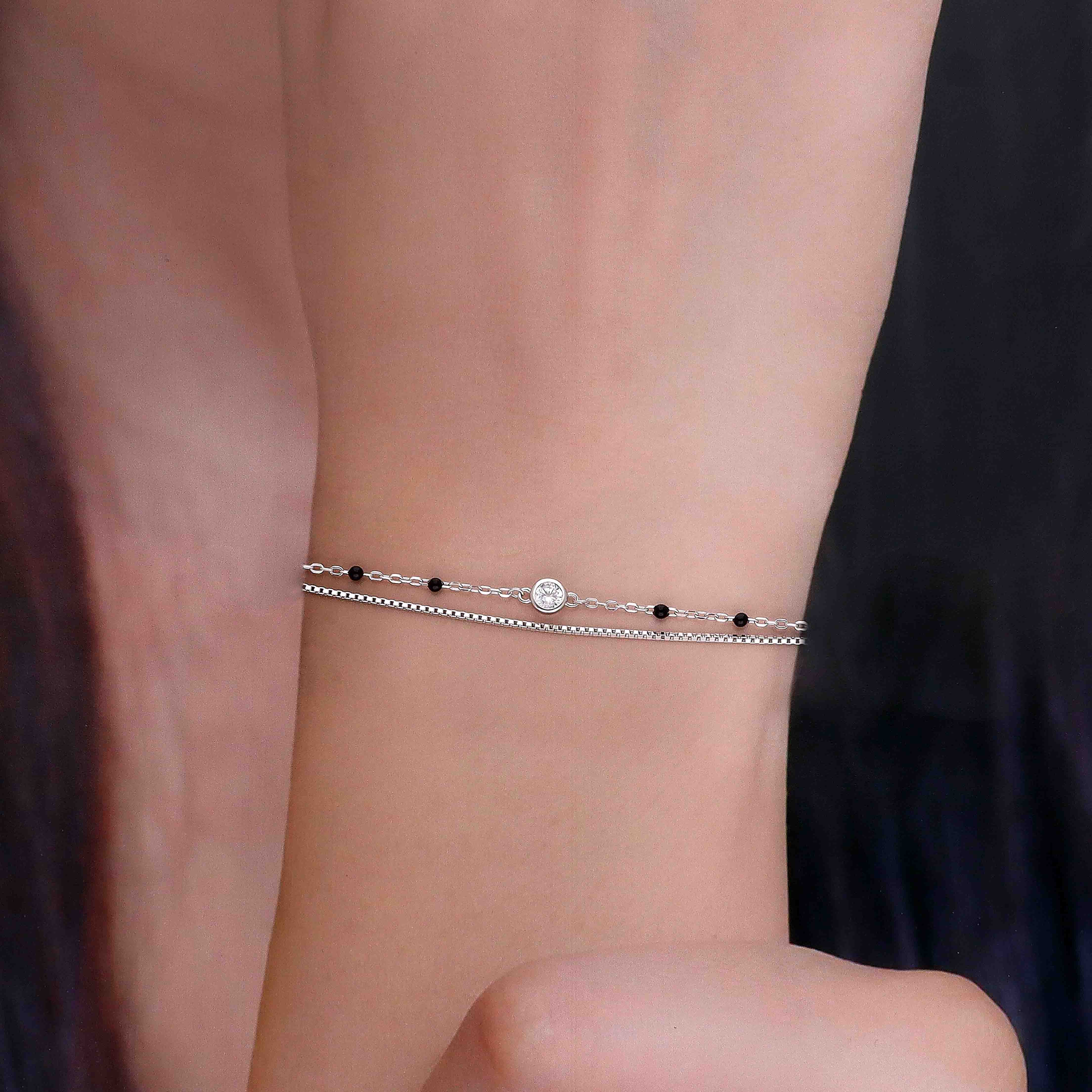 Double Chain with Black Beads Silver Bracelet - Image 3