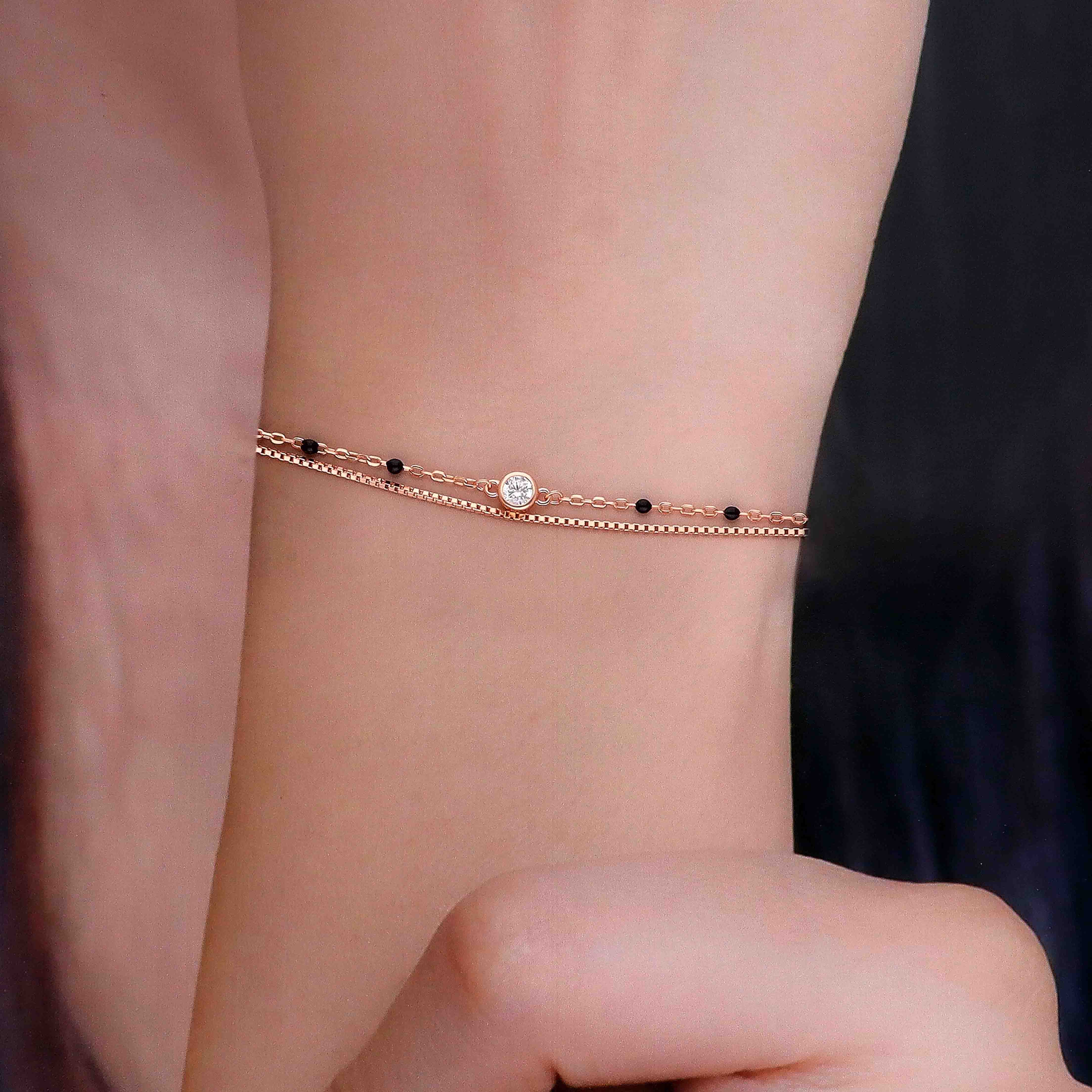 Double Chain with Black Beads Silver Bracelet - Image 4