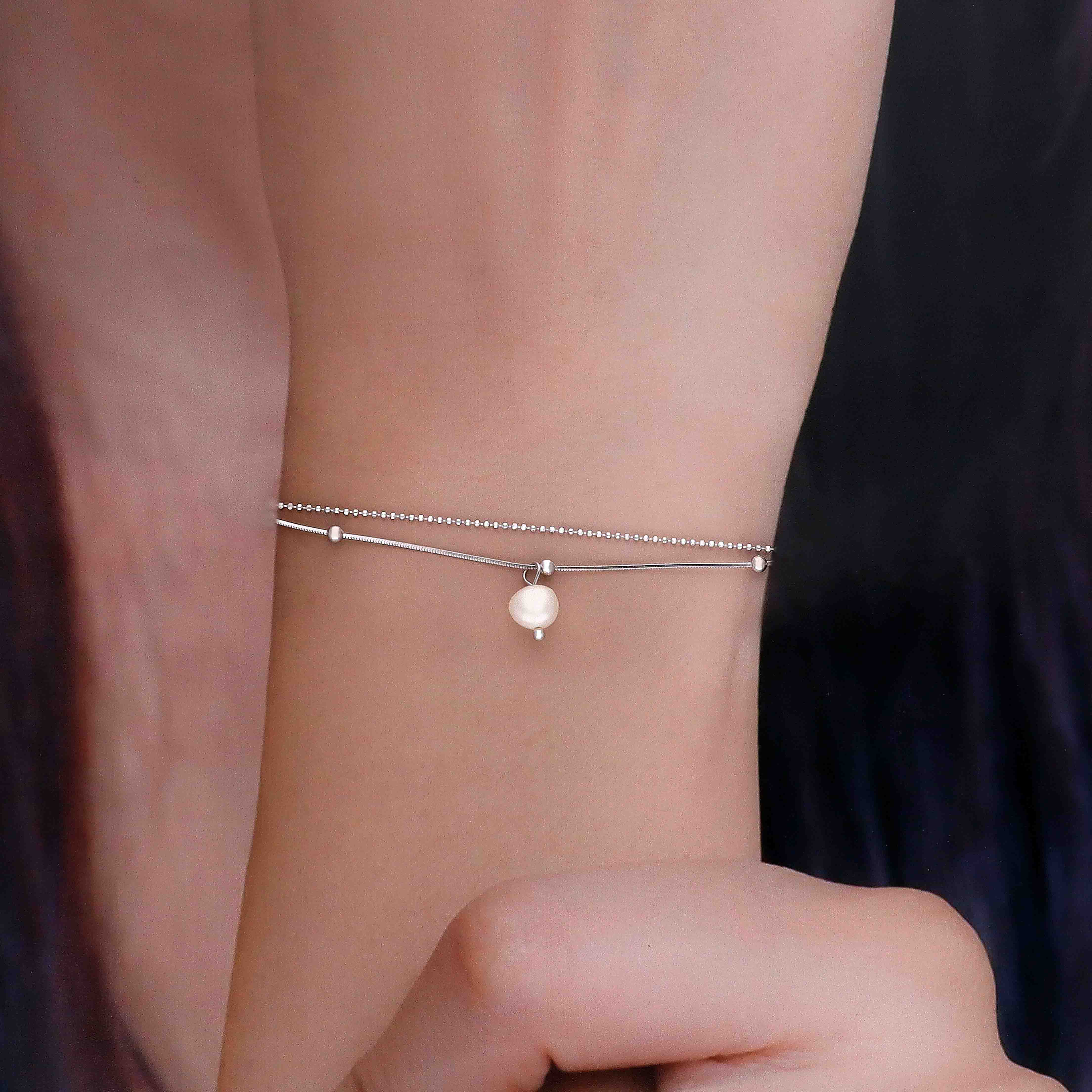 Elegant Pearl Layered Charm Silver Bracelet - Image 3