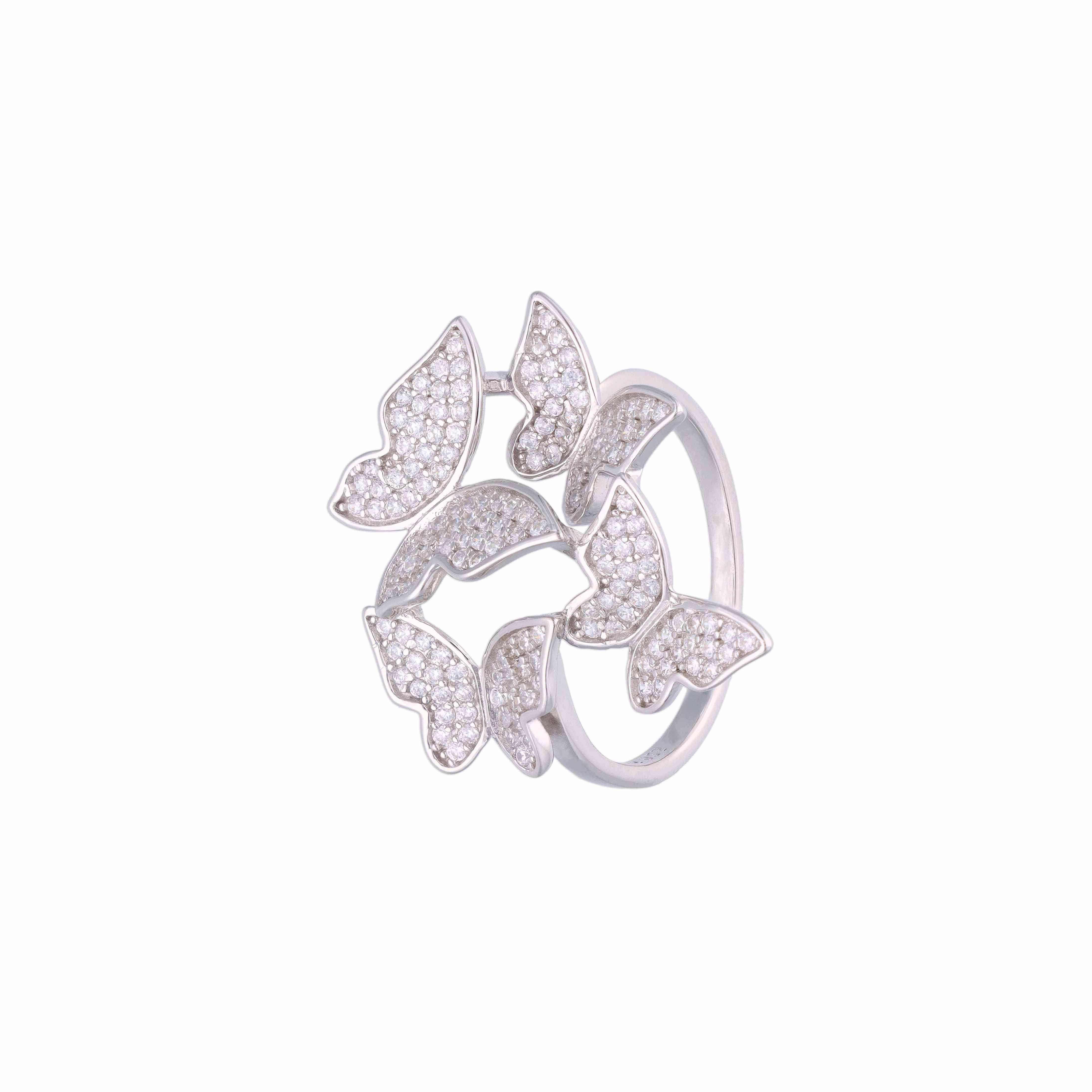 Pave Zircon Studded Butterflies Statement Silver Ring - Image 10