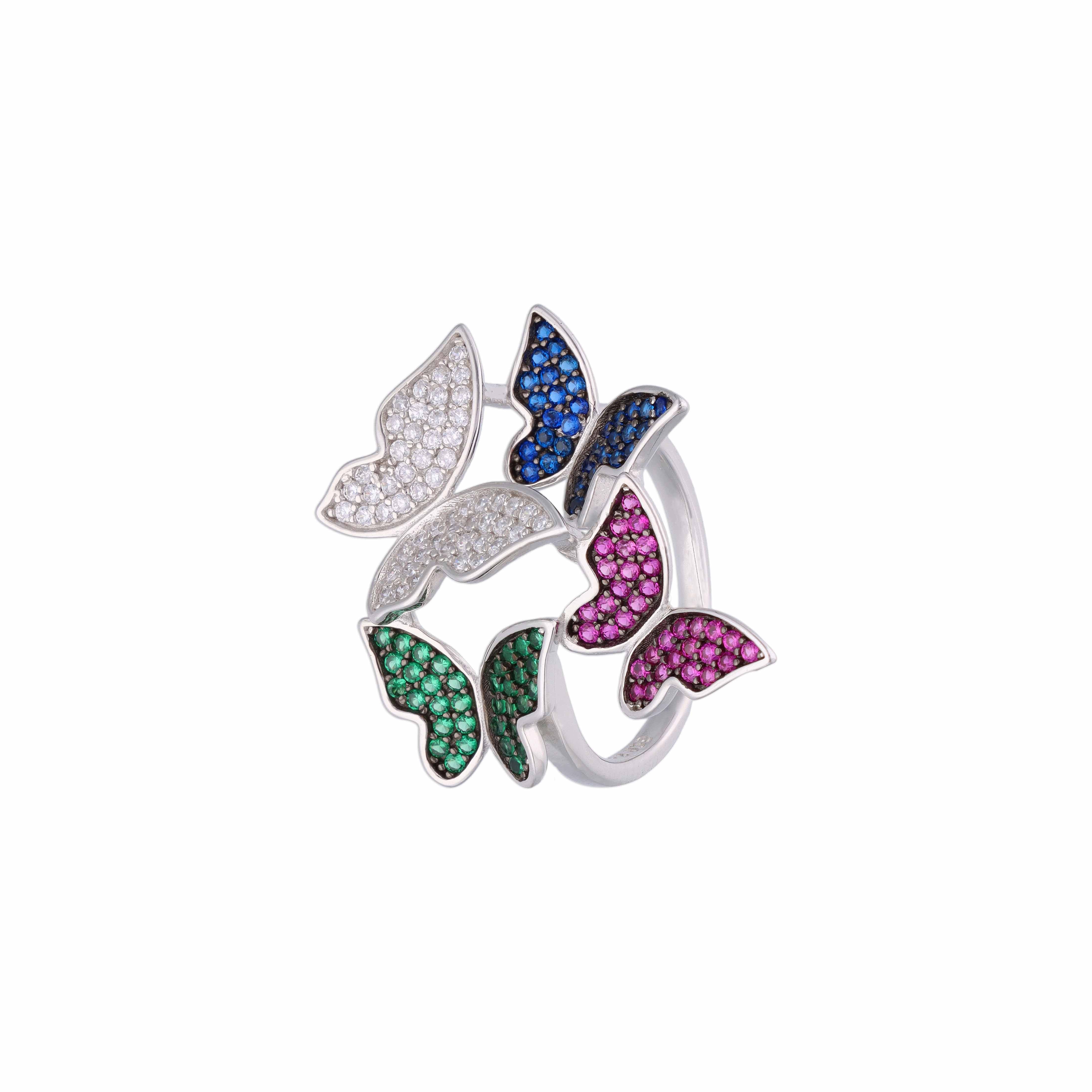 Pave Zircon Studded Butterflies Statement Silver Ring - Image 11