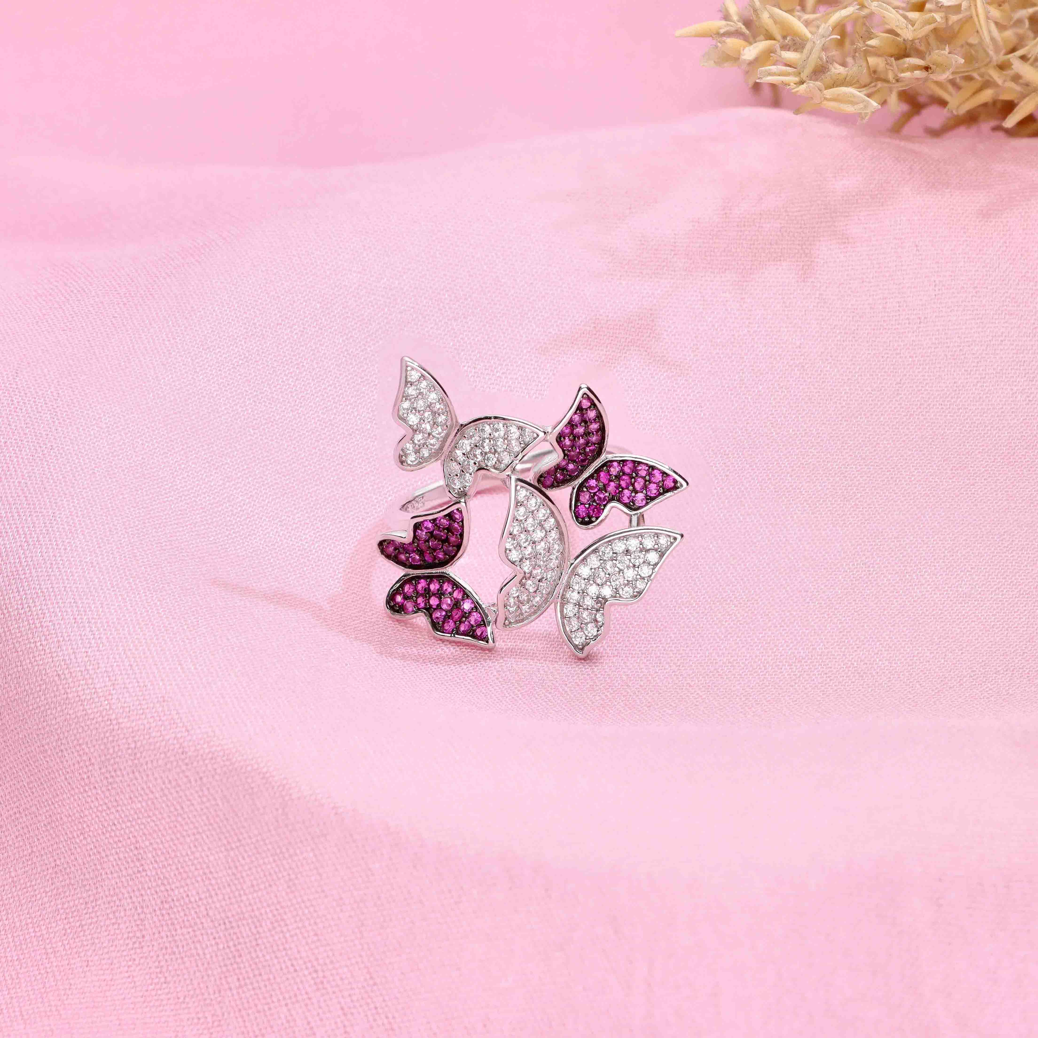 Pave Zircon Studded Butterflies Statement Silver Ring - Image 12
