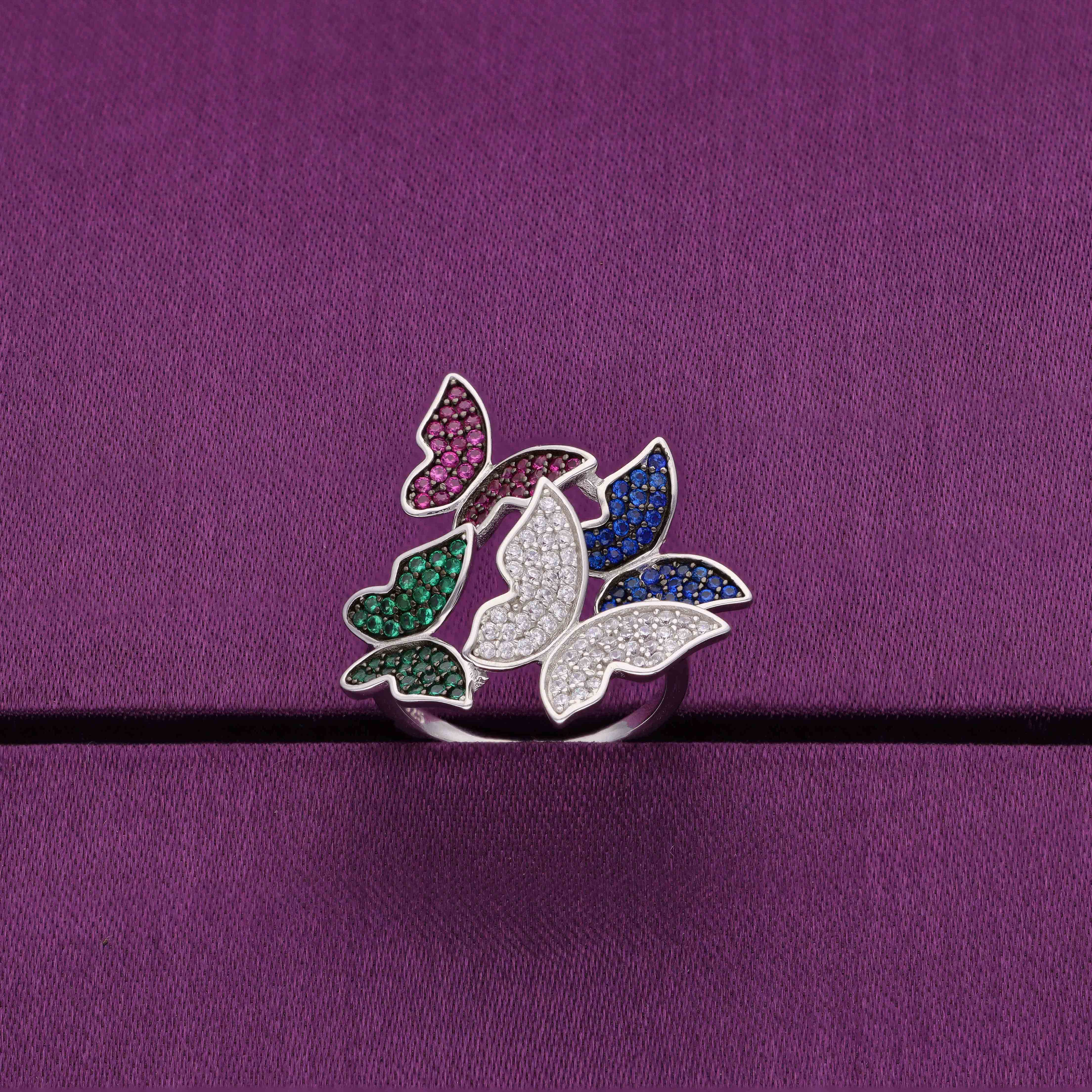 Pave Zircon Studded Butterflies Statement Silver Ring - Image 3