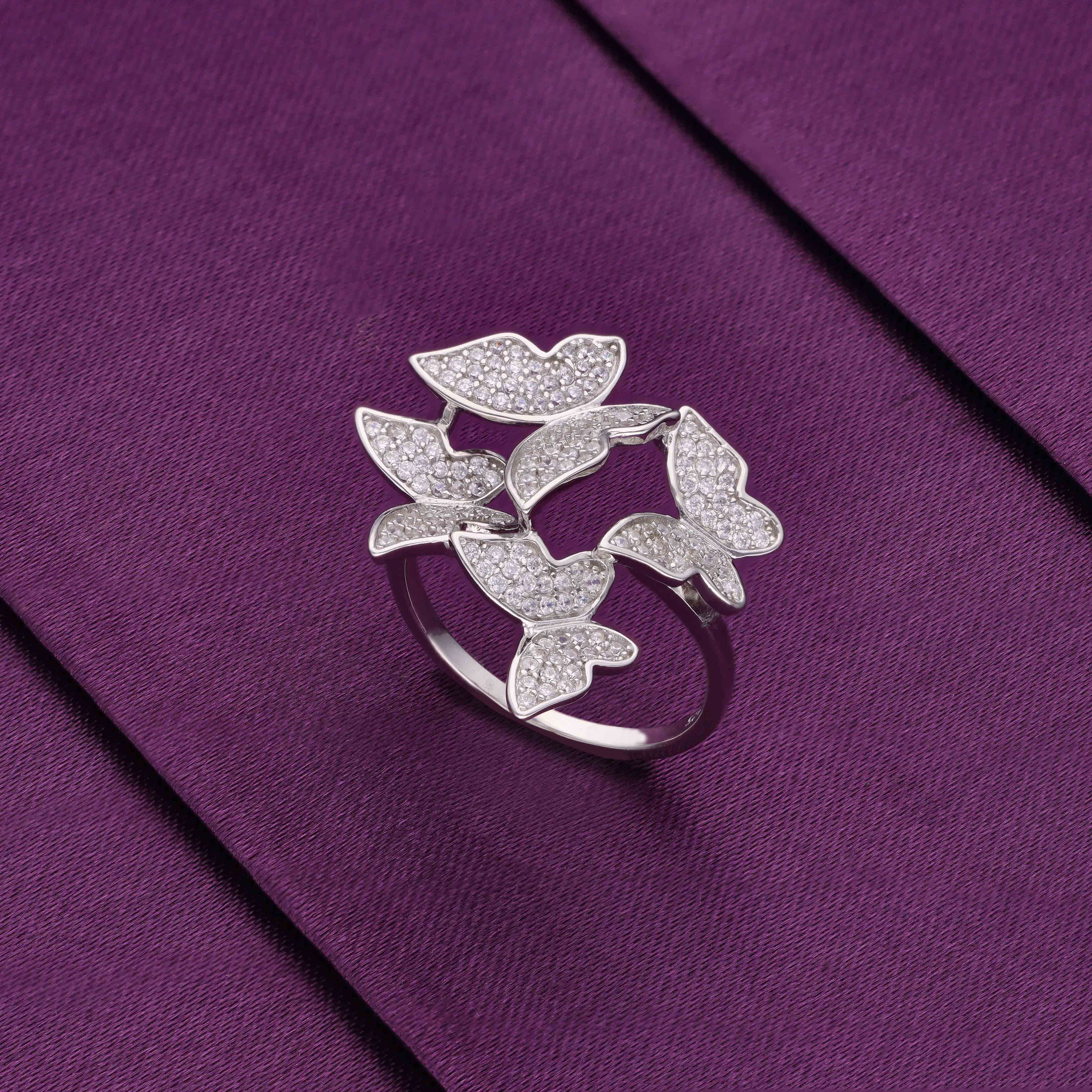 Pave Zircon Studded Butterflies Statement Silver Ring - Image 6