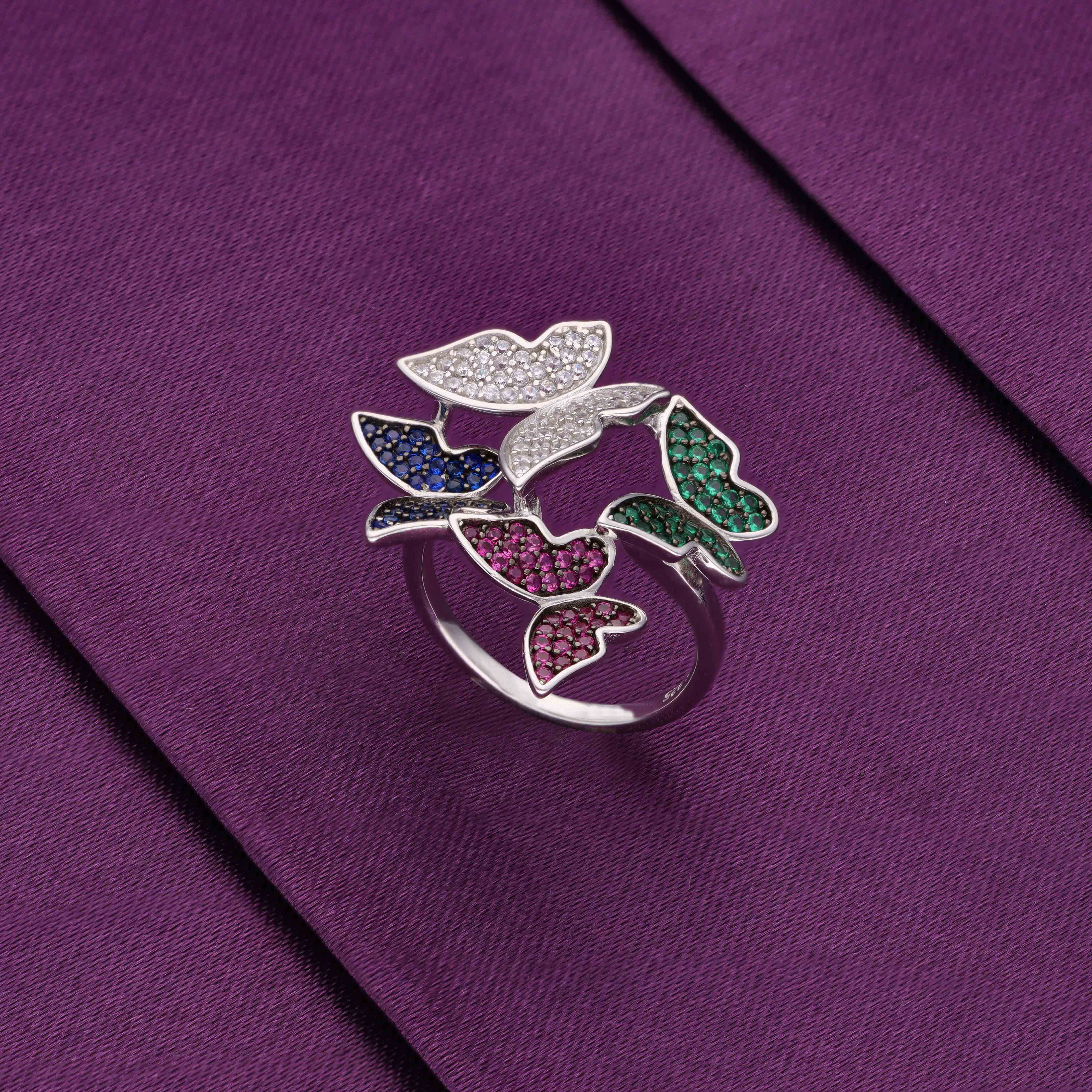 Pave Zircon Studded Butterflies Statement Silver Ring - Image 7
