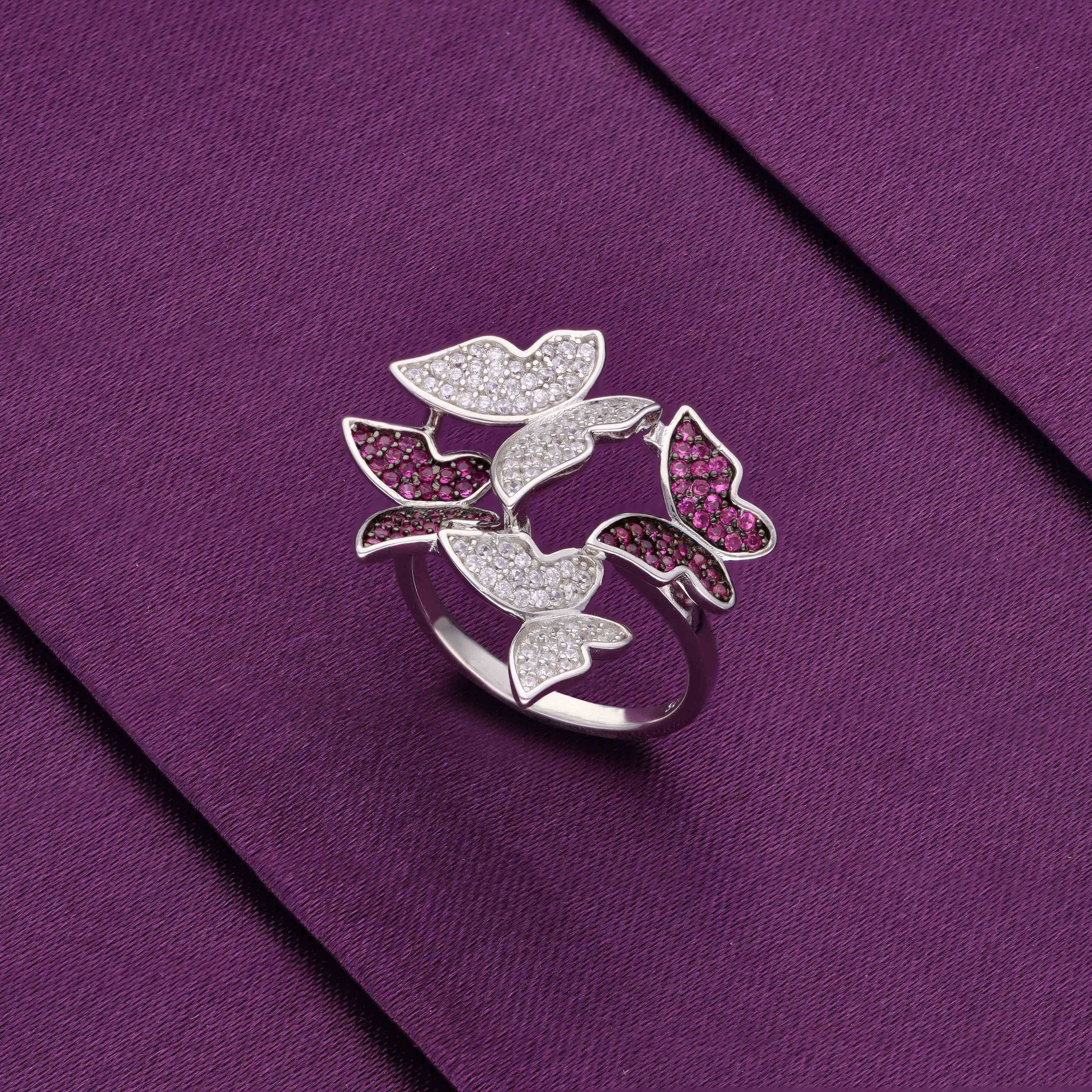 Pave Zircon Studded Butterflies Statement Silver Ring - Image 8