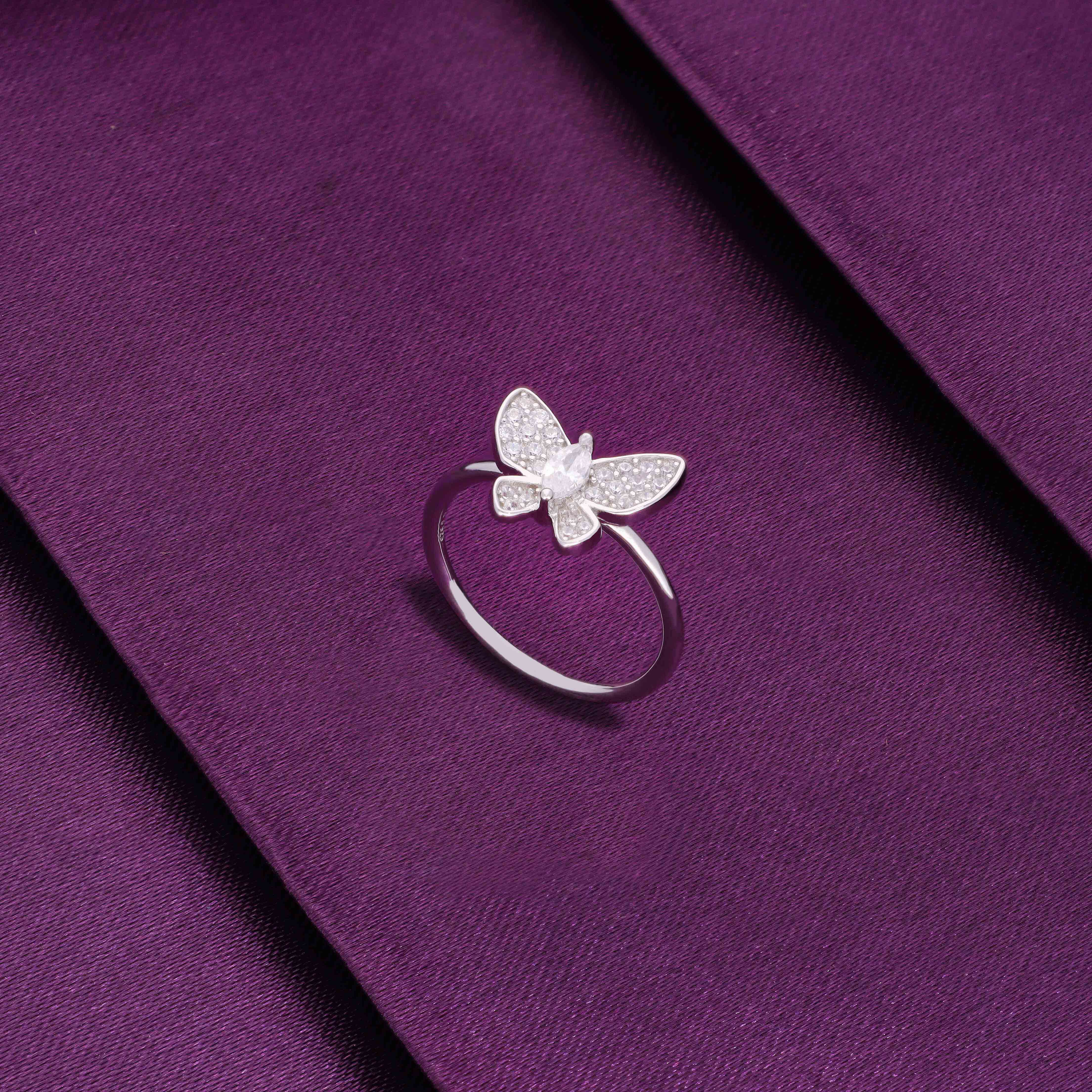 Minimalistic Pave Single Butterfly Silver Ring - Image 3