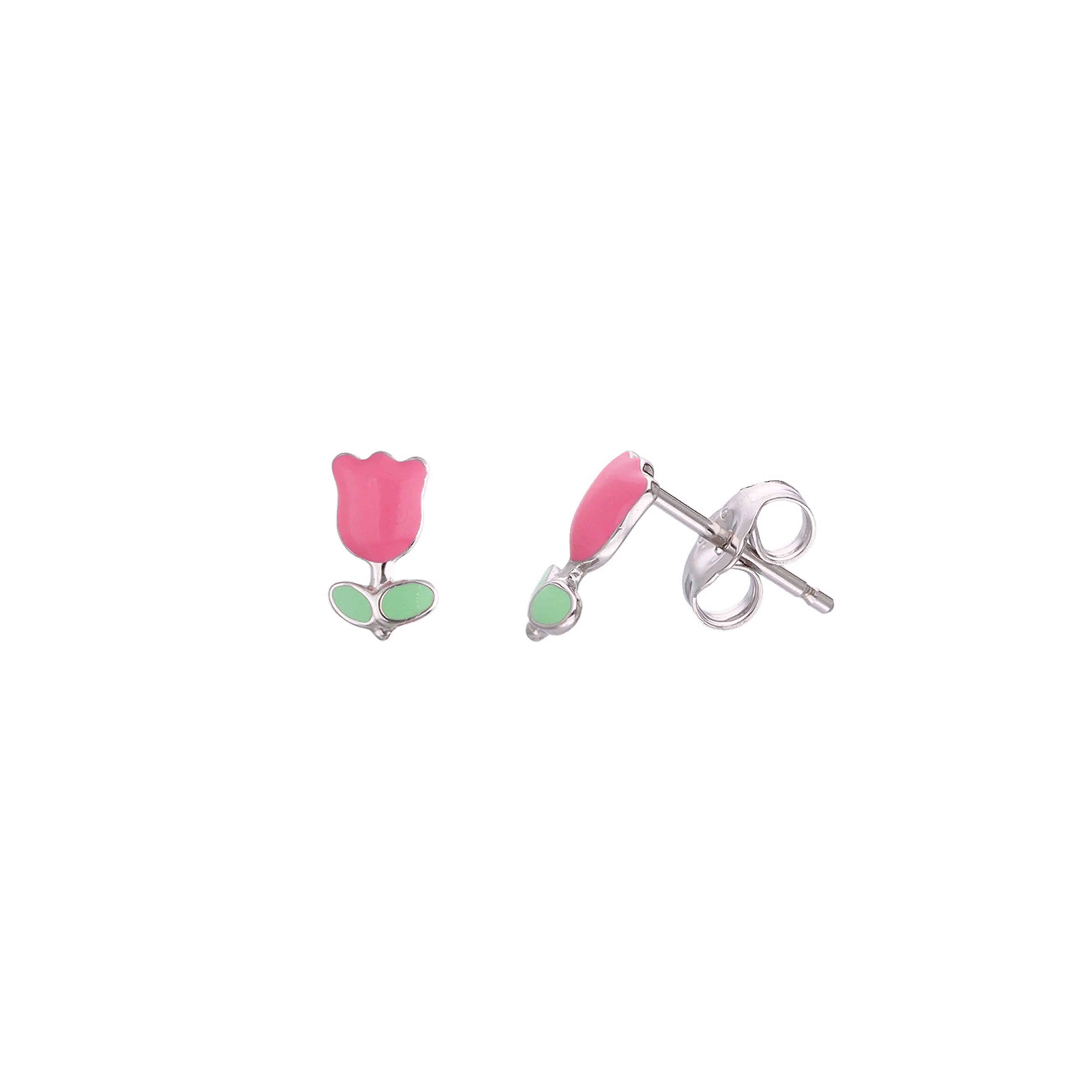 Kids Pink Floral Silver Stud Earrings - Image 2