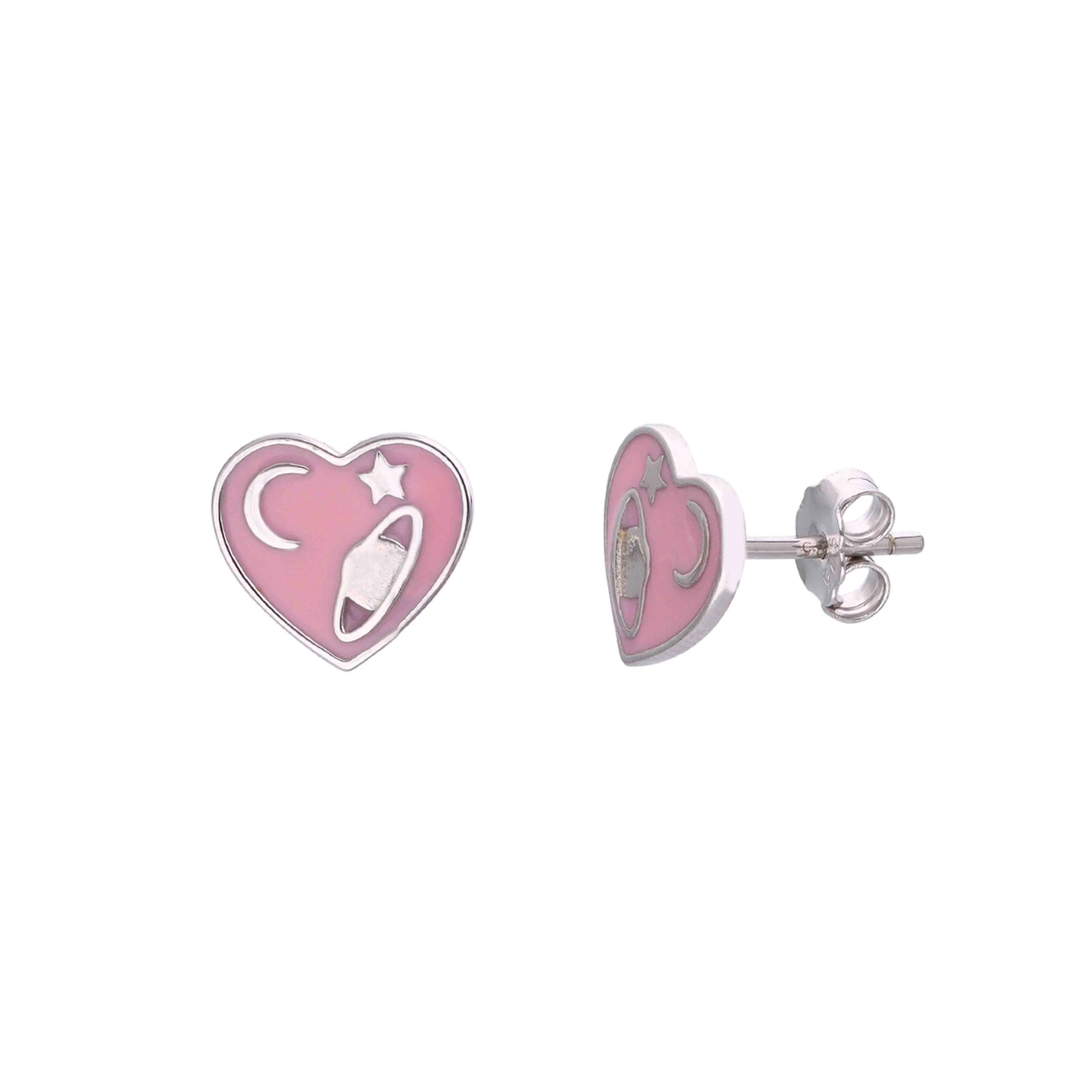 Children's Celestial Pink Heart Silver Earrings - Image 2