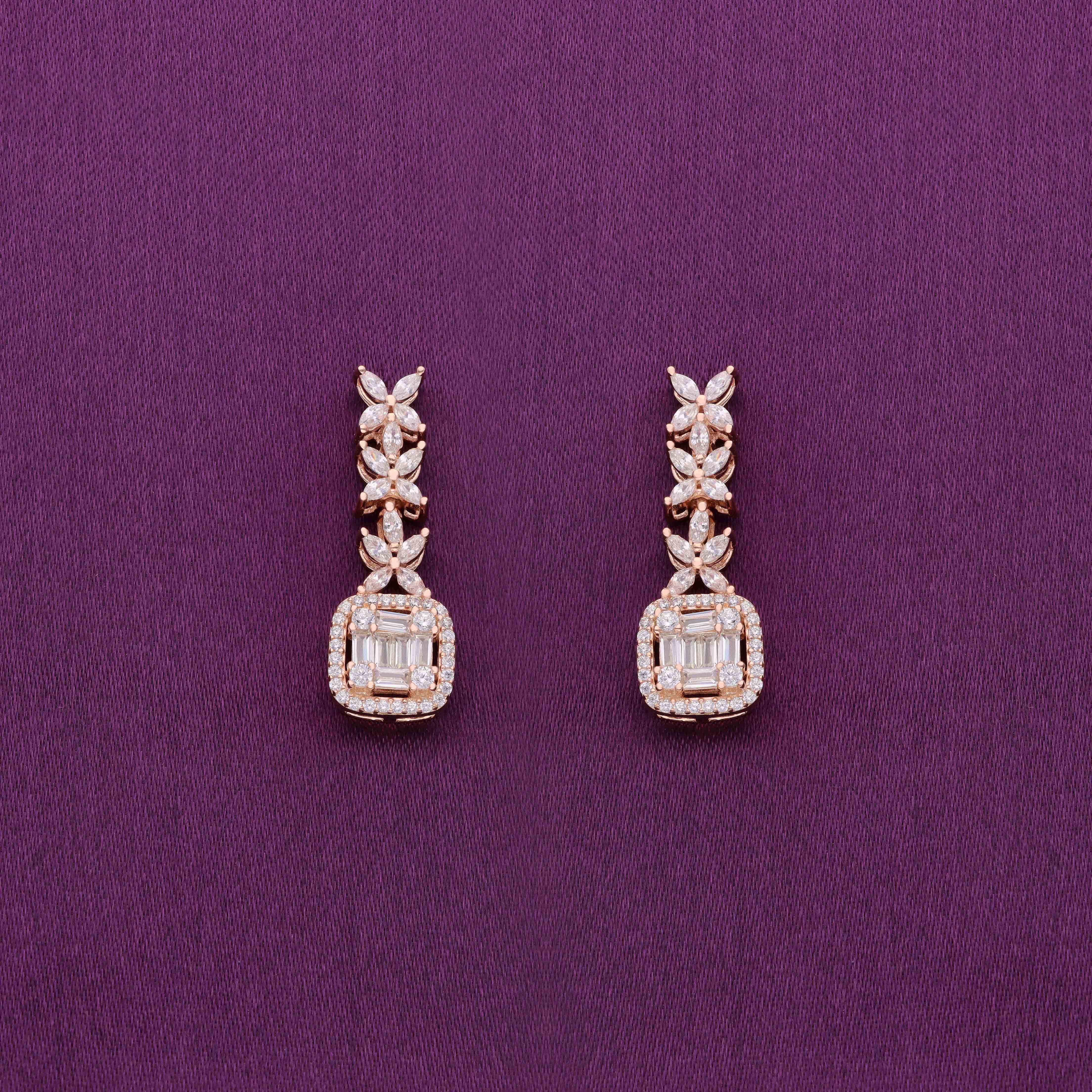 Bedazzling Zircon Baguettes & Blossoms Dangler Silver Earrings - Image 3