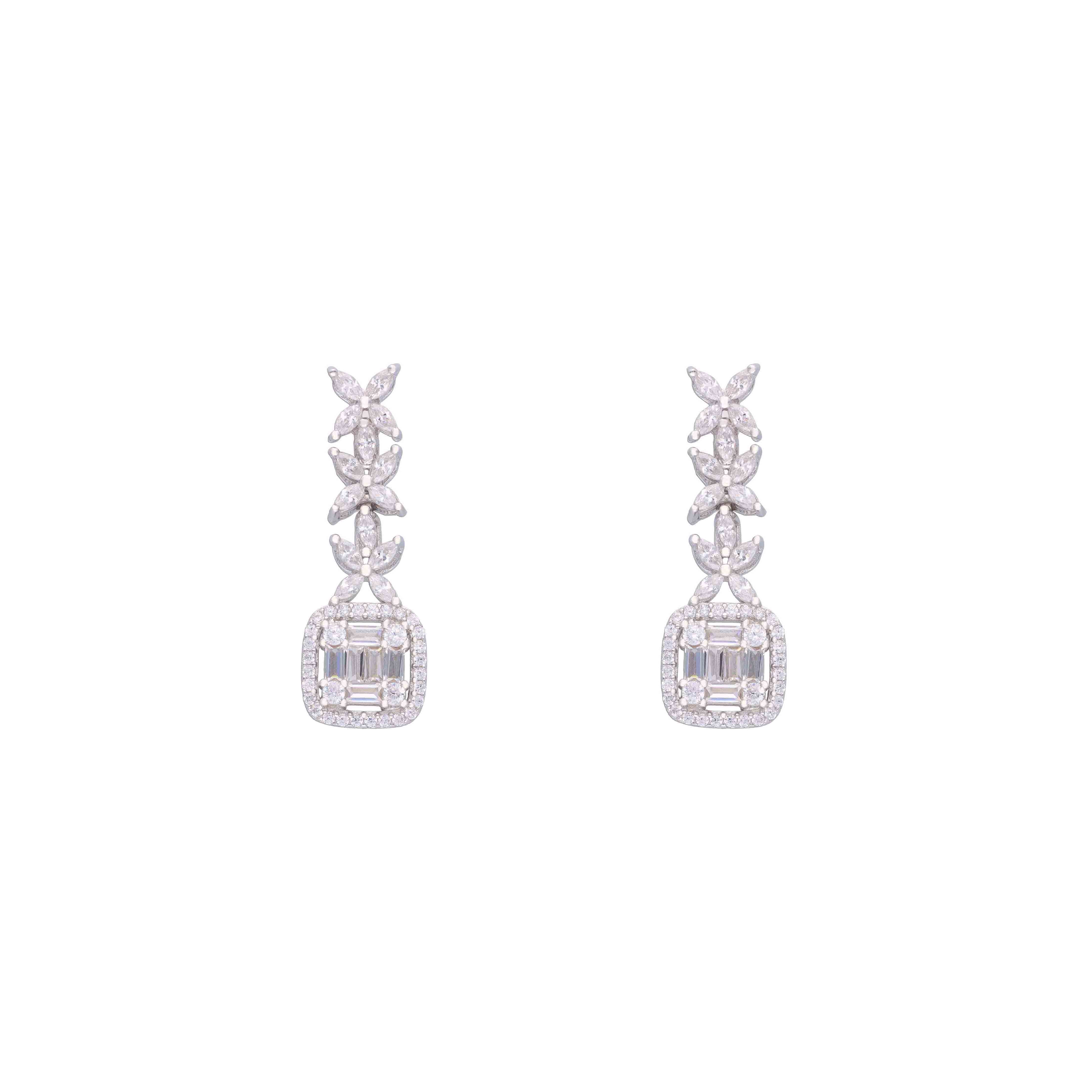 Bedazzling Zircon Baguettes & Blossoms Dangler Silver Earrings - Image 4