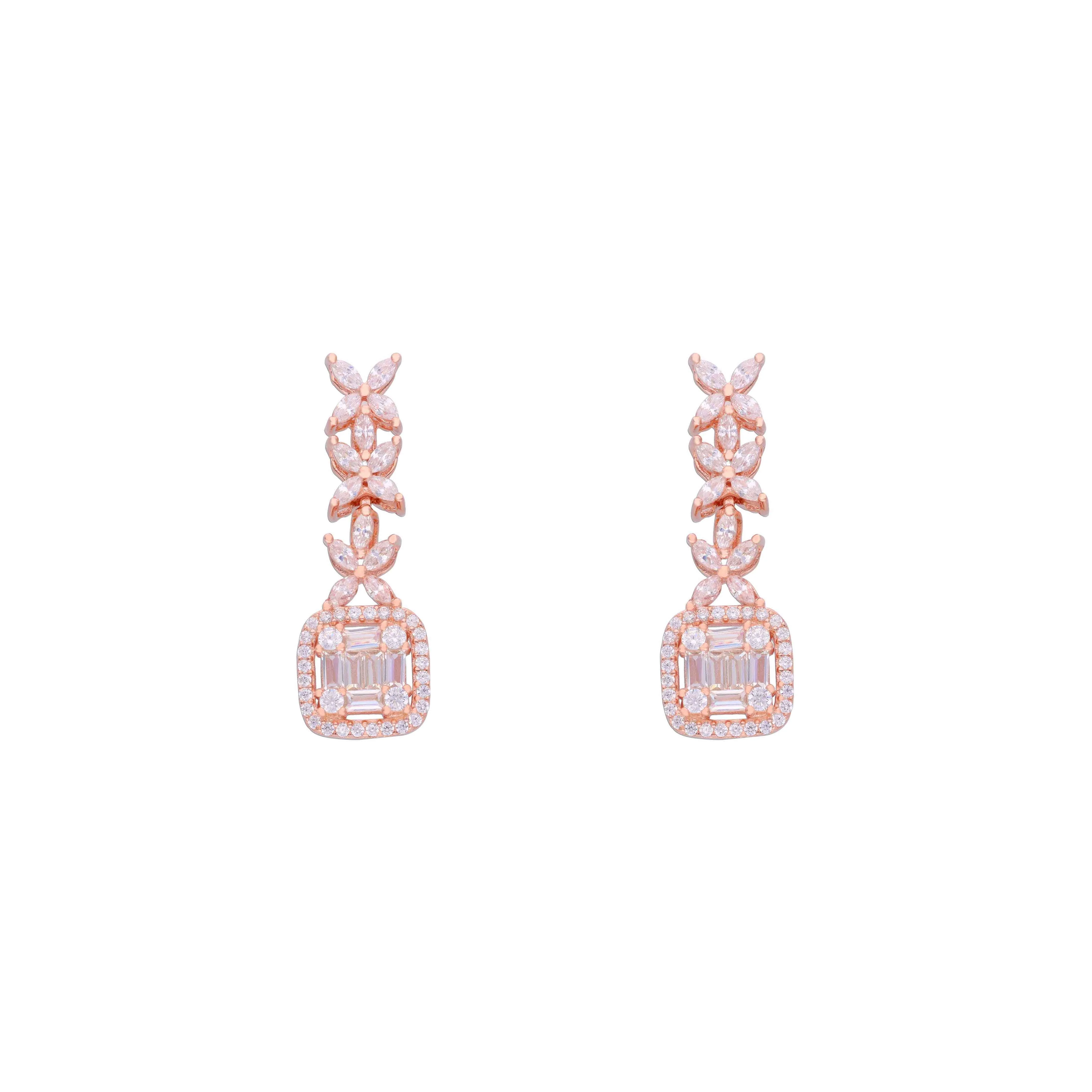 Bedazzling Zircon Baguettes & Blossoms Dangler Silver Earrings - Image 5