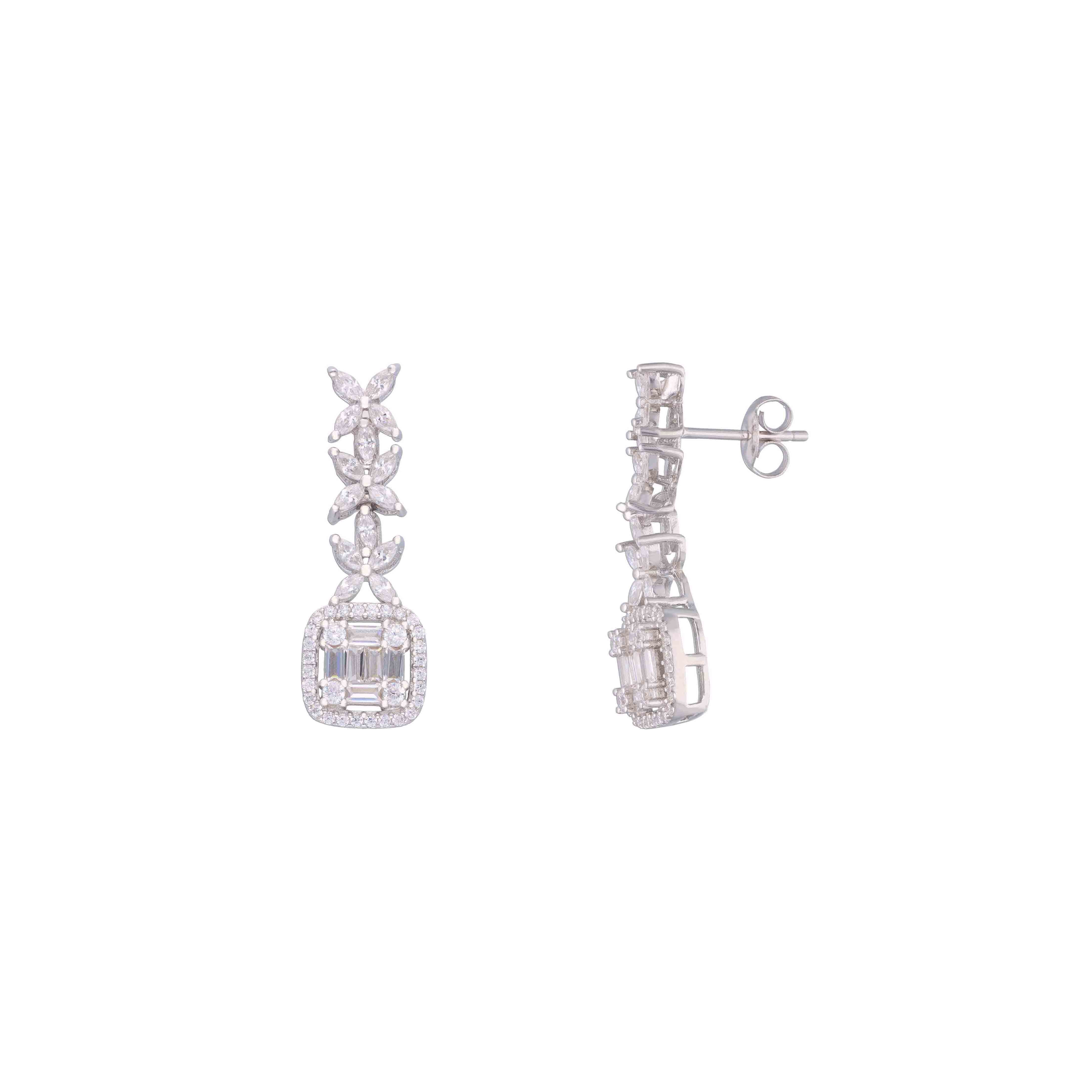 Bedazzling Zircon Baguettes & Blossoms Dangler Silver Earrings - Image 6