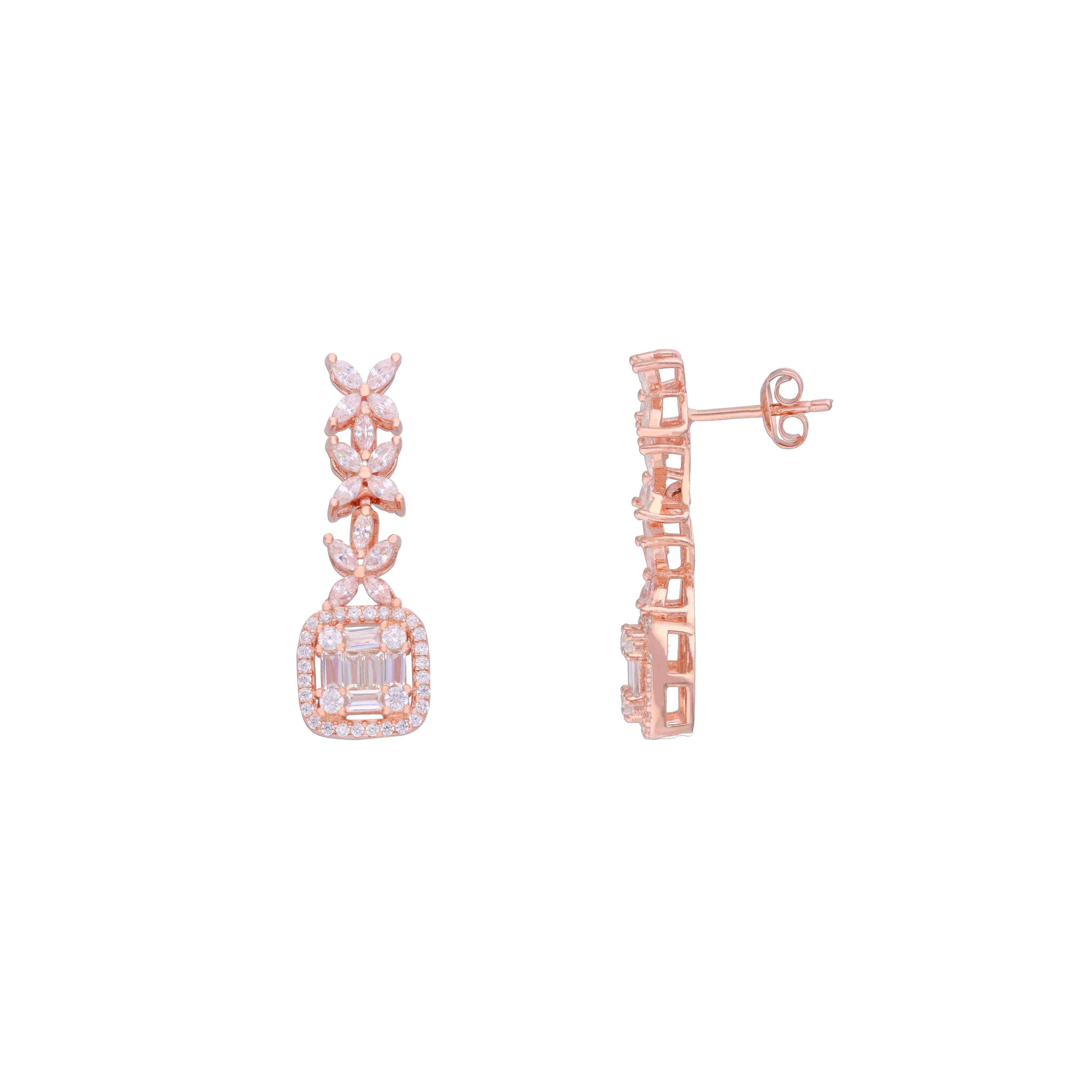 Bedazzling Zircon Baguettes & Blossoms Dangler Silver Earrings - Image 7