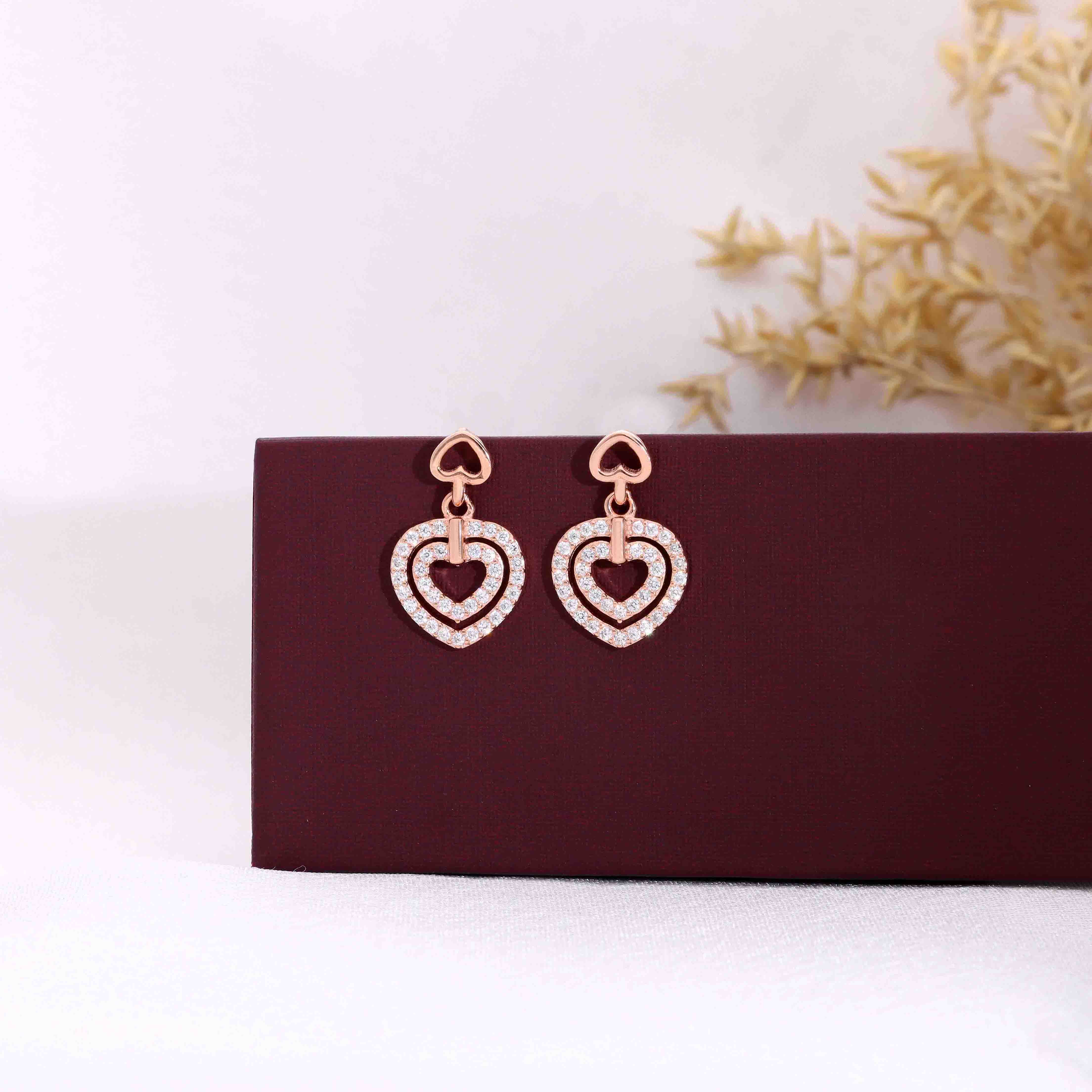 DIAMOND STUDDED DUAL HEARTS SILVER DROP EARRINGS - Image 4