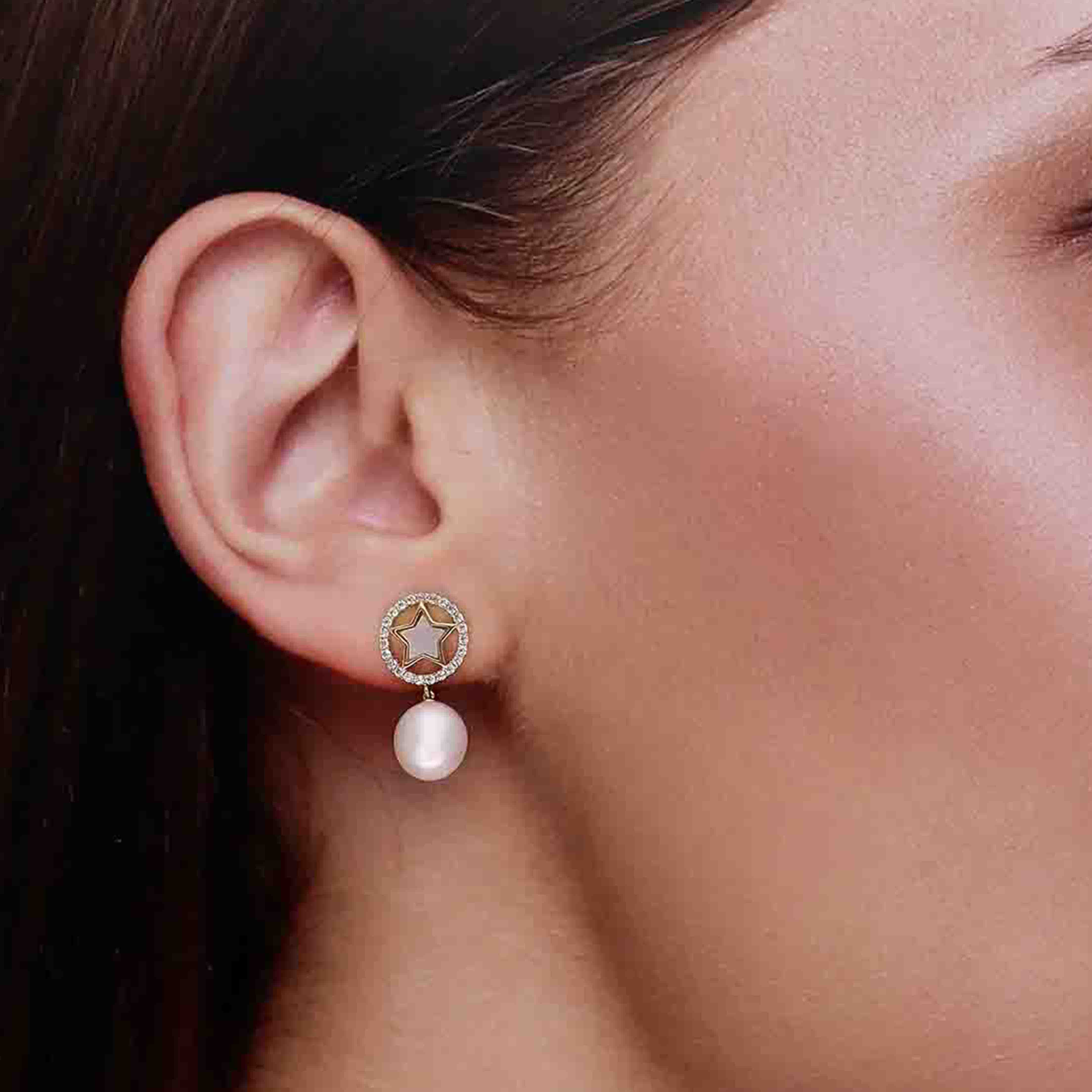 Sterling Silver Star Pearl Drop Earrings - Image 2