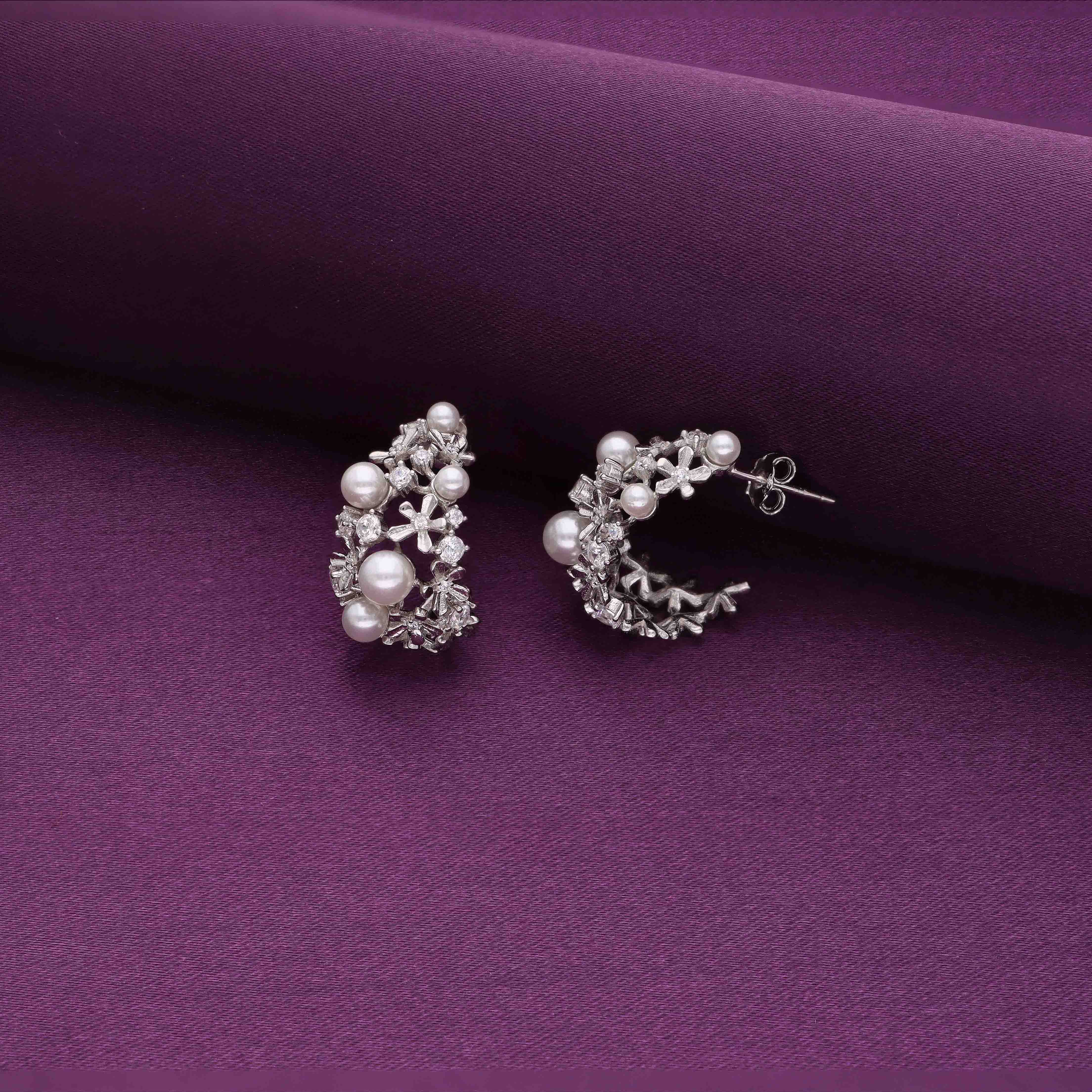 Sterling Twirly Pearl Silver Hoops Earrings - Image 3