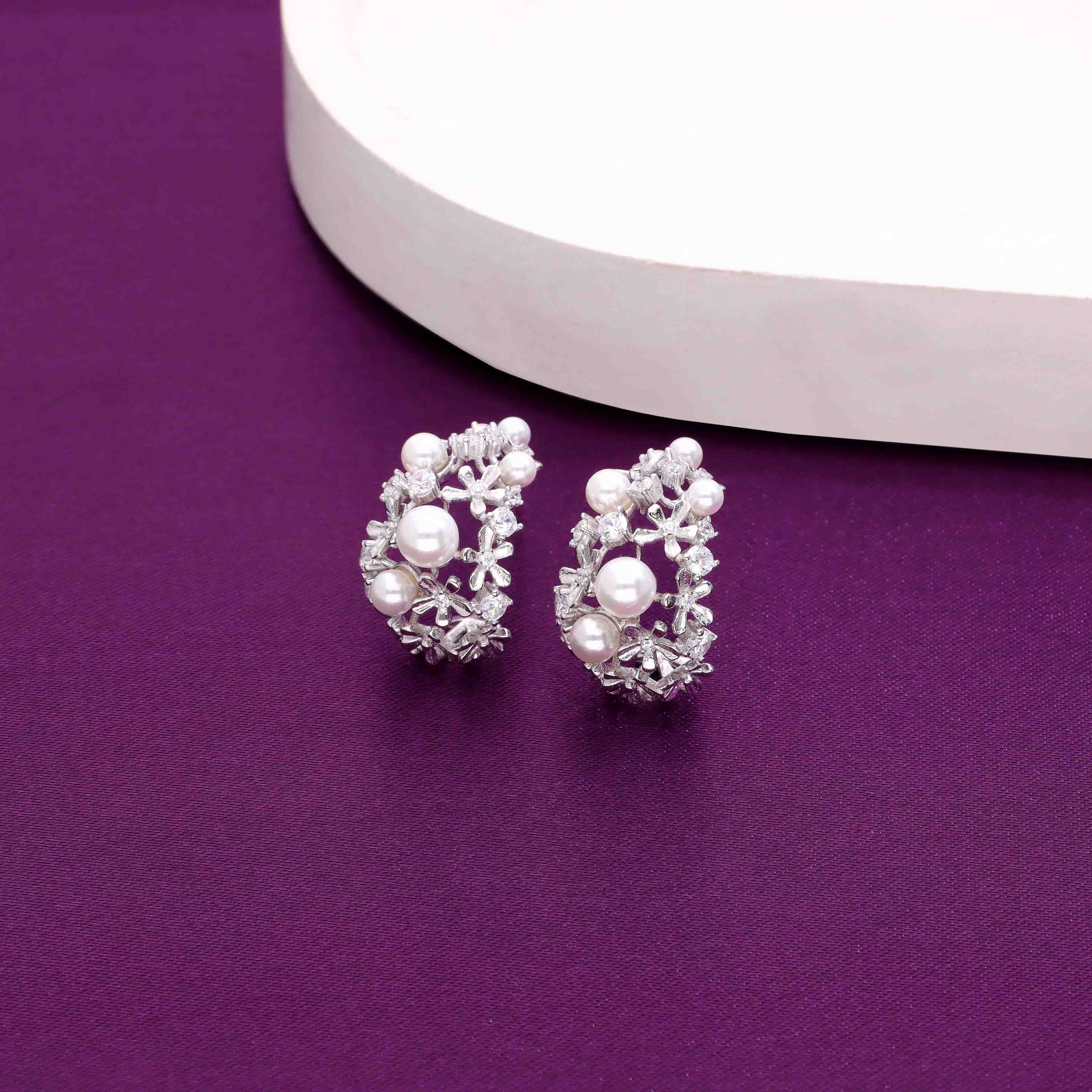 Sterling Twirly Pearl Silver Hoops Earrings - Image 7