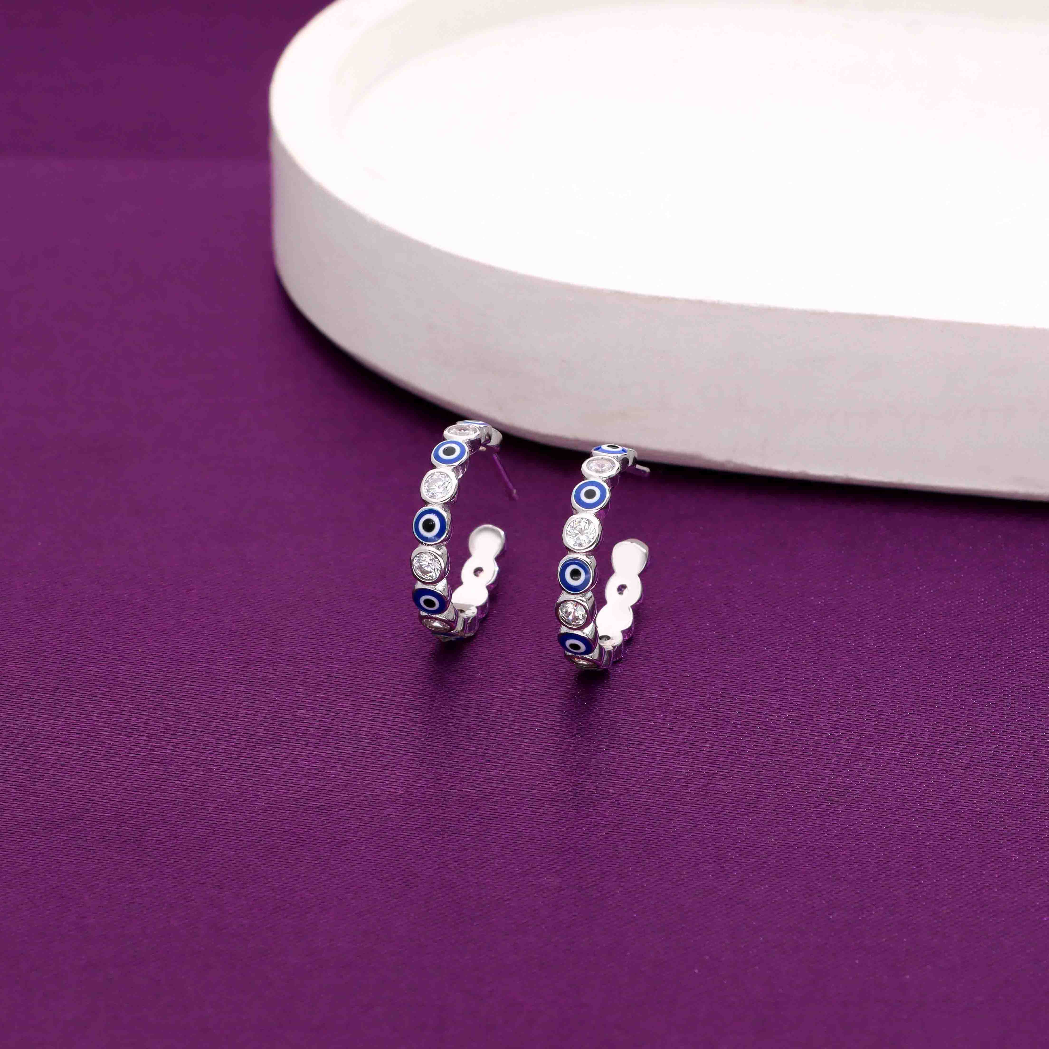 Evil Eye Sparkle Silver Hoop Earrings - Image 7