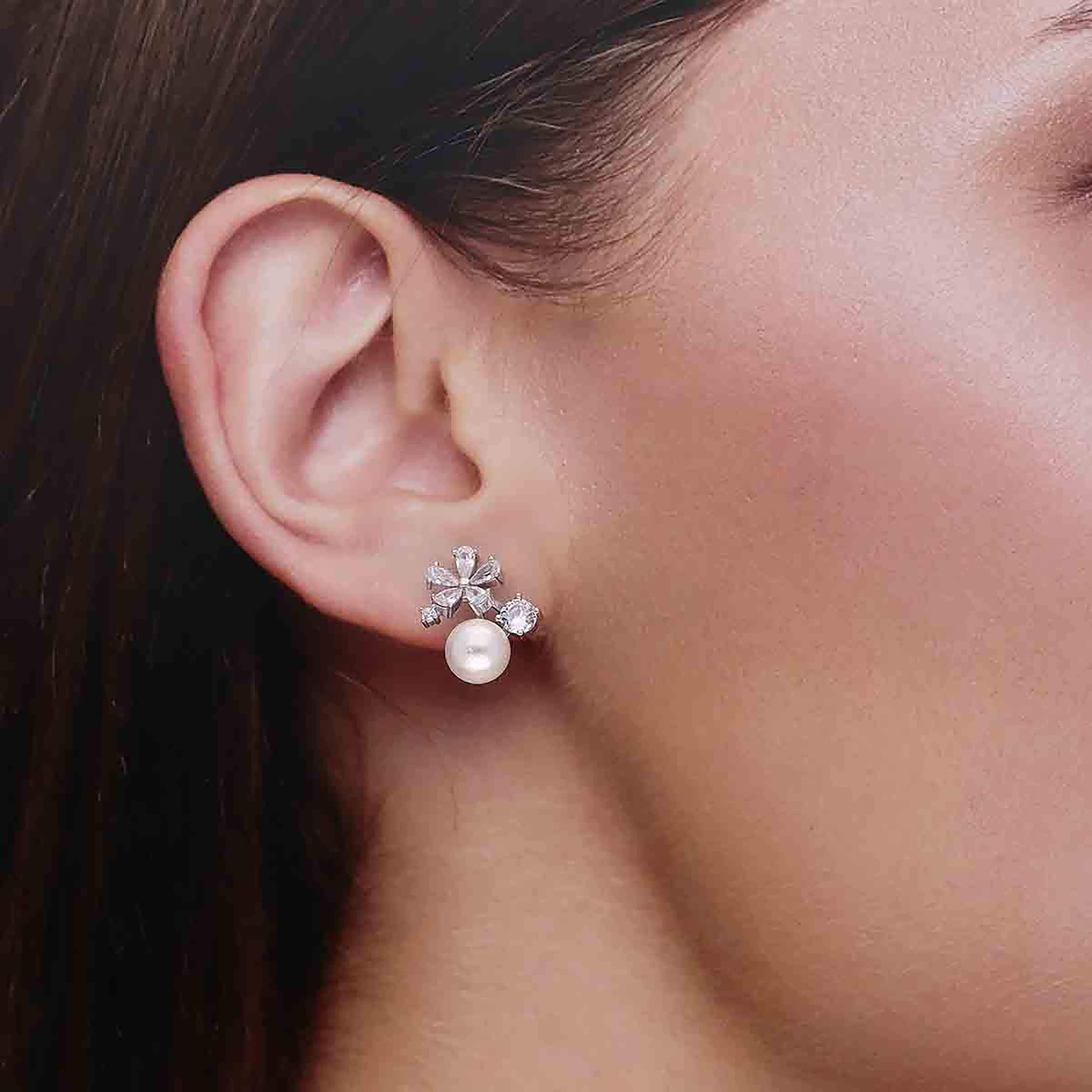 Sterling Silver Solitaire Floral Pearl Earring - Image 3