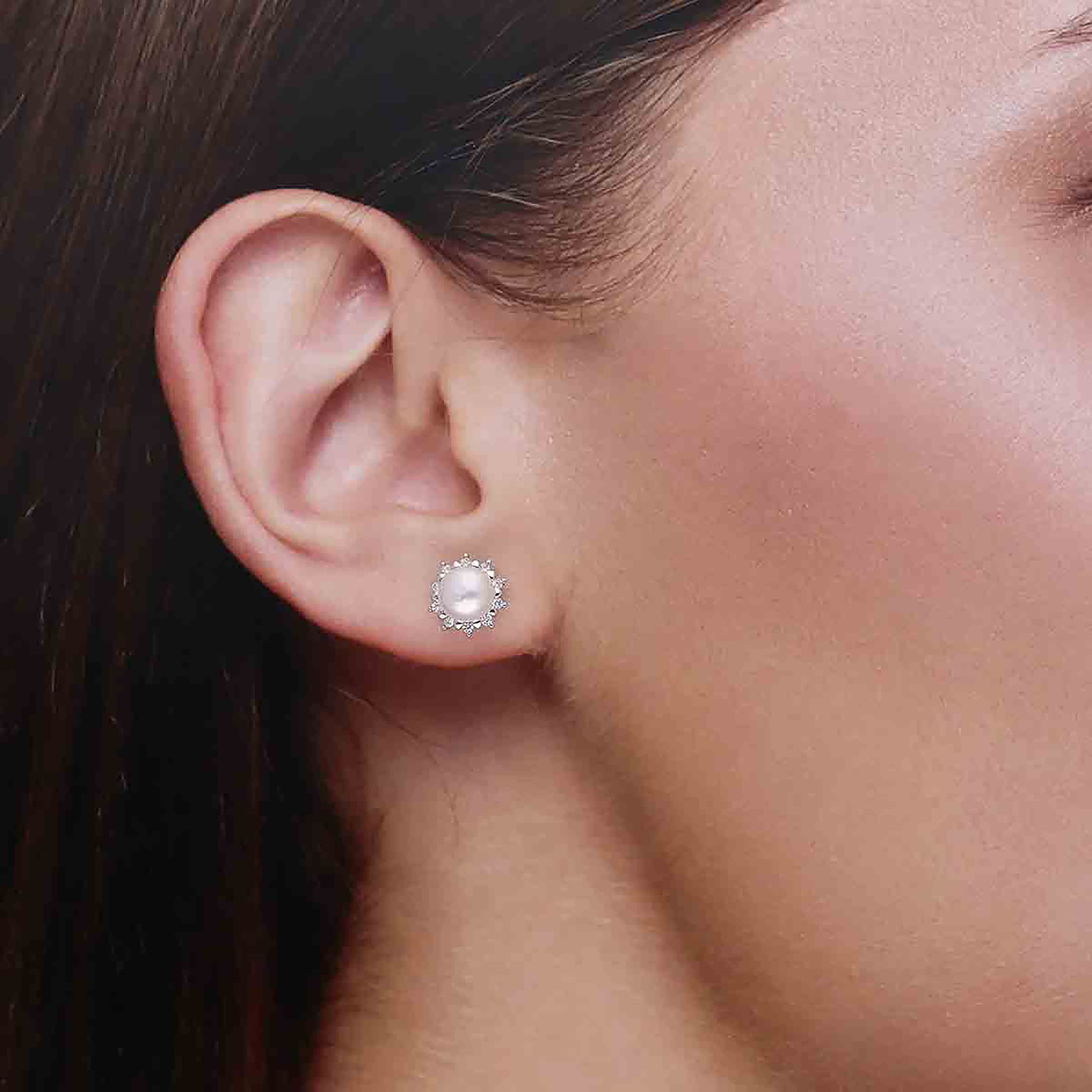 Sterling Silver White Casual Zircon Studded Pearl Earrings - Image 2