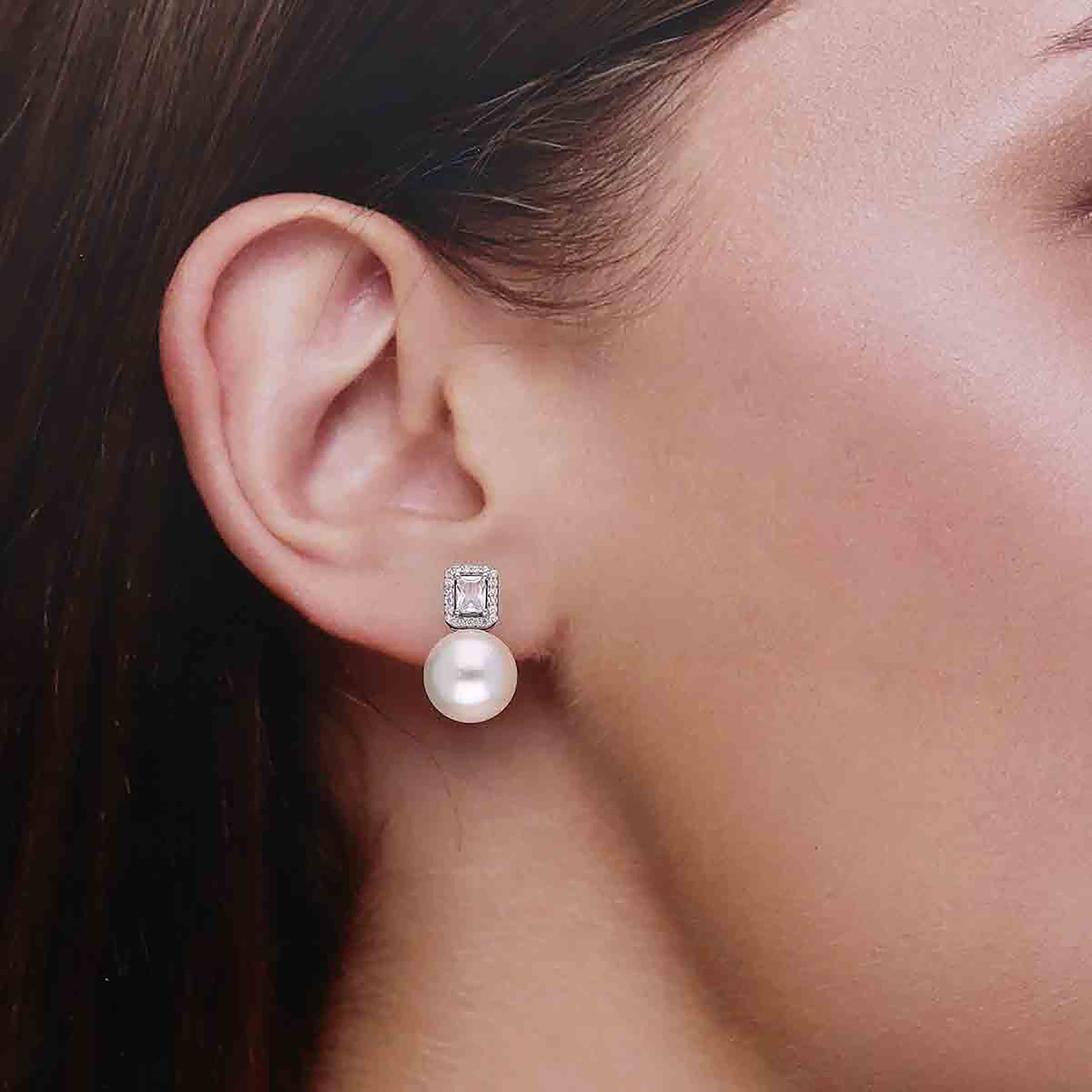 Sterling Silver Classic Square Solitaire with Pearl Drop Earrings - Image 3
