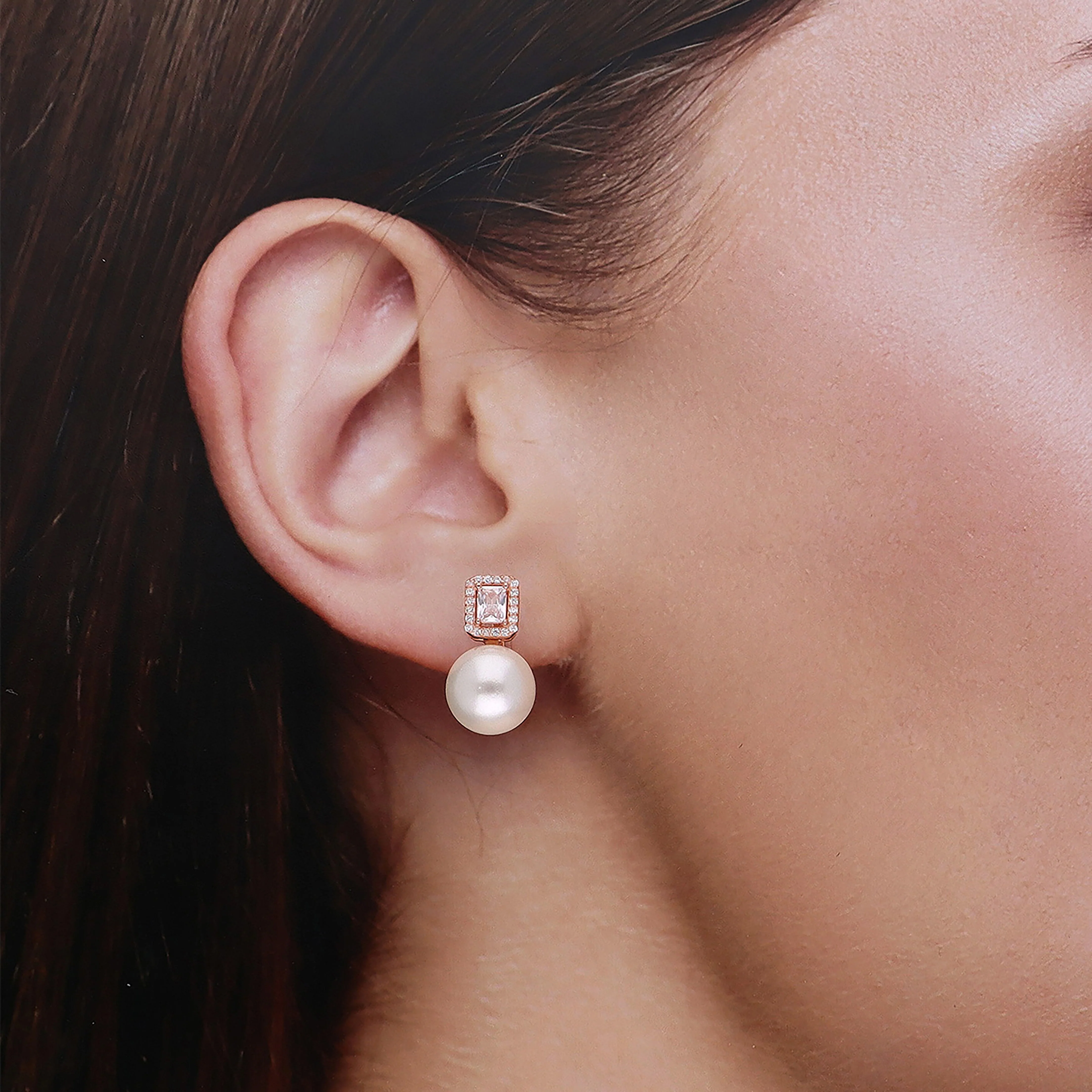 Sterling Silver Classic Square Solitaire with Pearl Drop Earrings - Image 4
