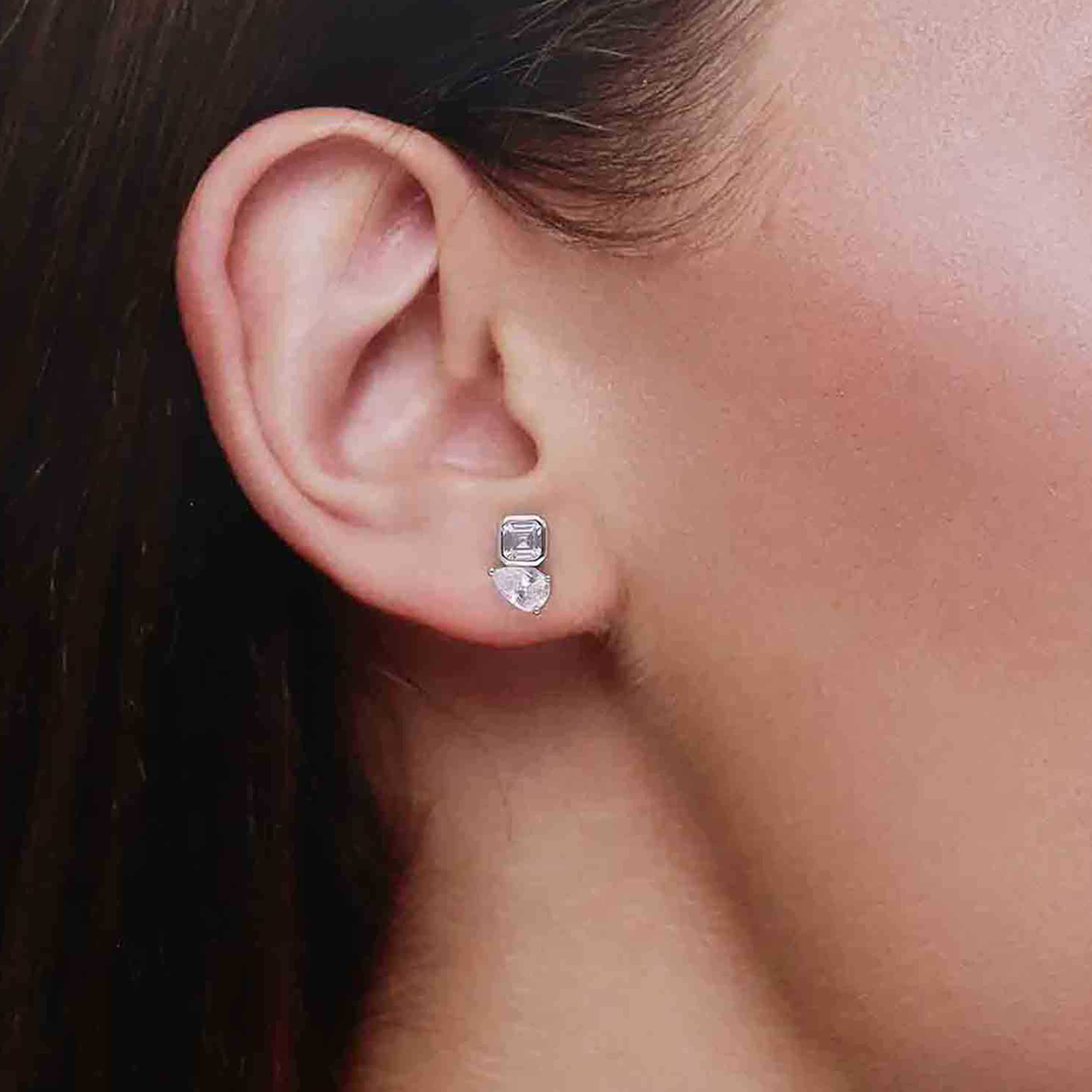 Sterling Silver Elegant Square & Pear-Cut Stud Earrings - Image 6