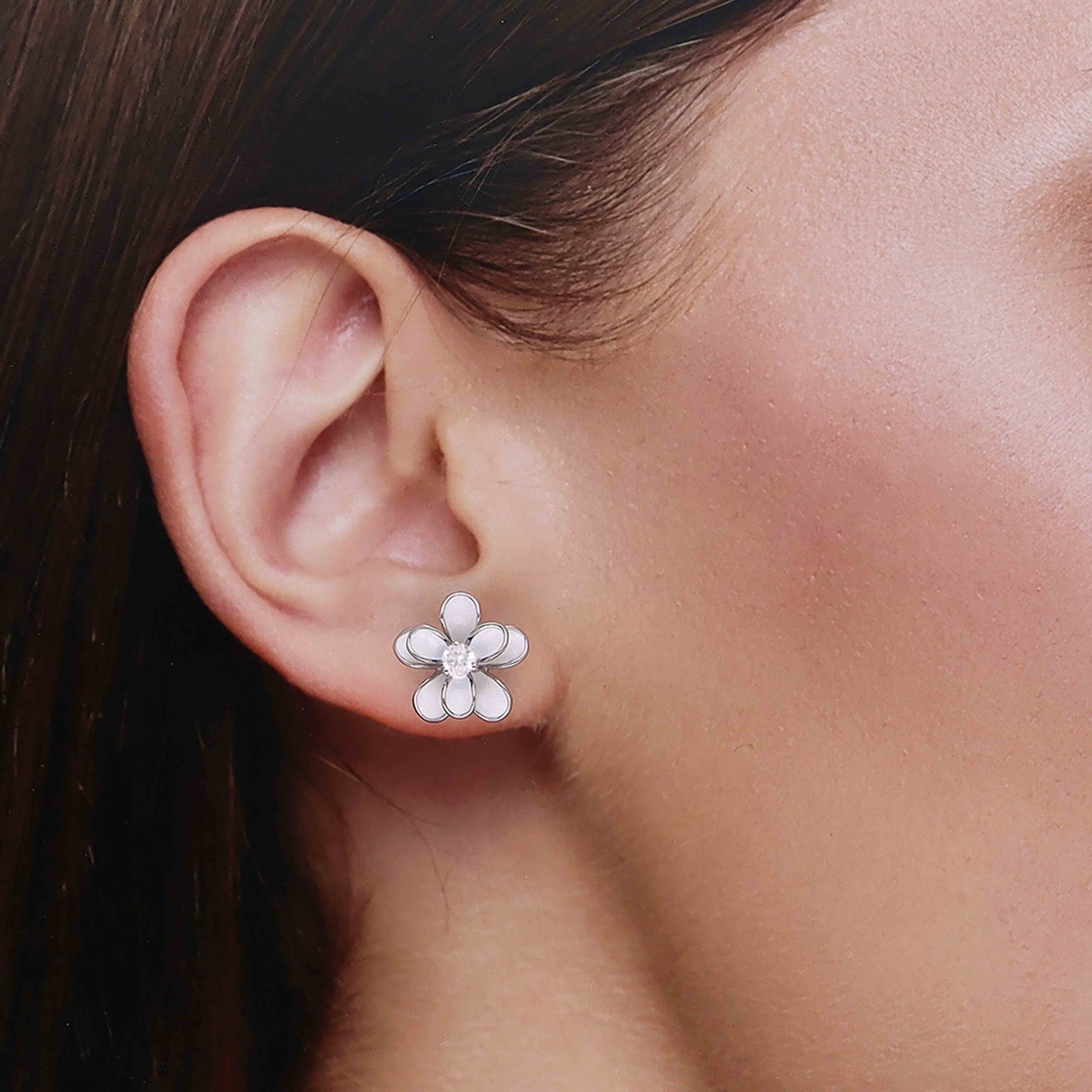 Sterling Silver White Floral Brilliance Stud Earrings - Image 4
