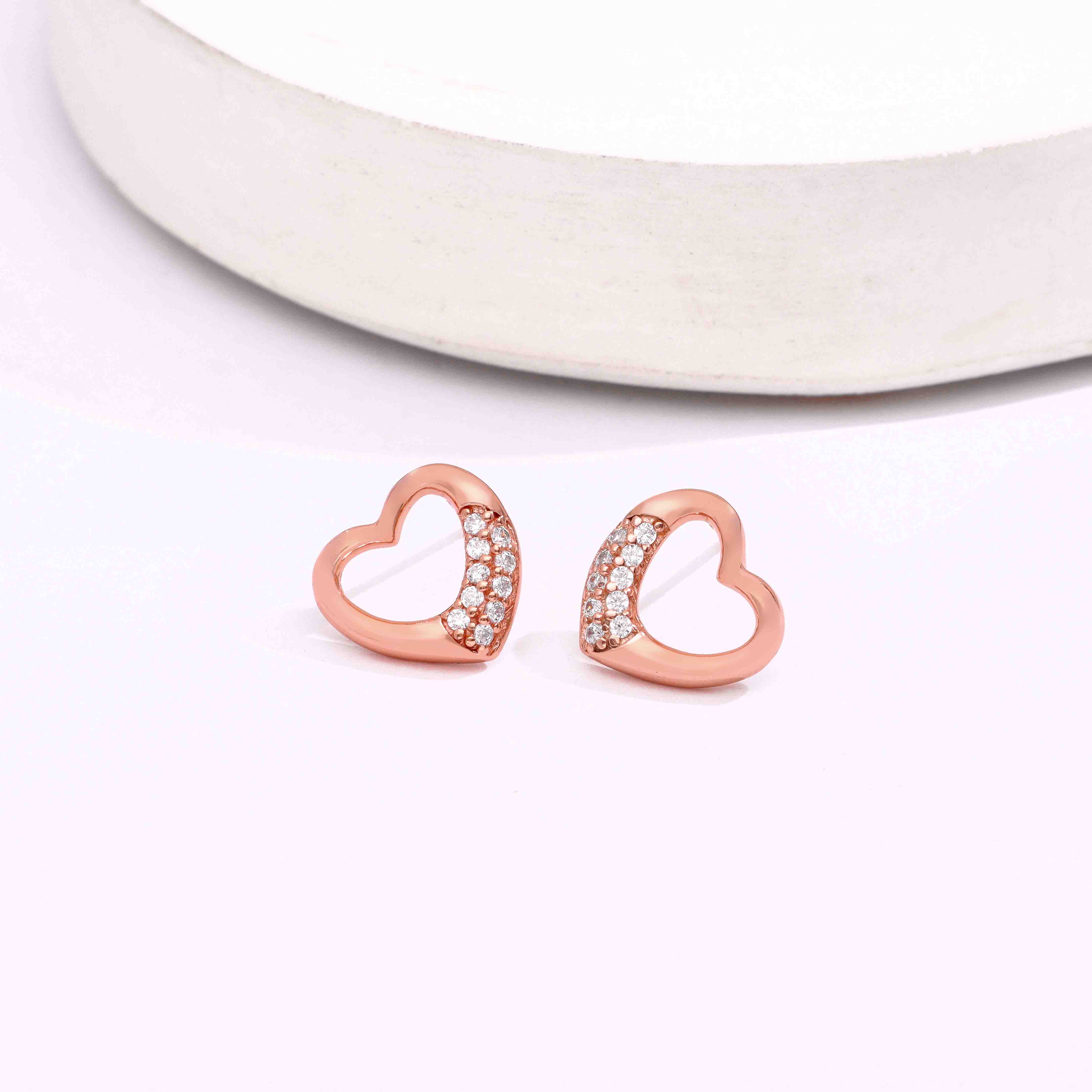 Sterling Rose Gold Zircon Heart Stud Earrings - Image 5