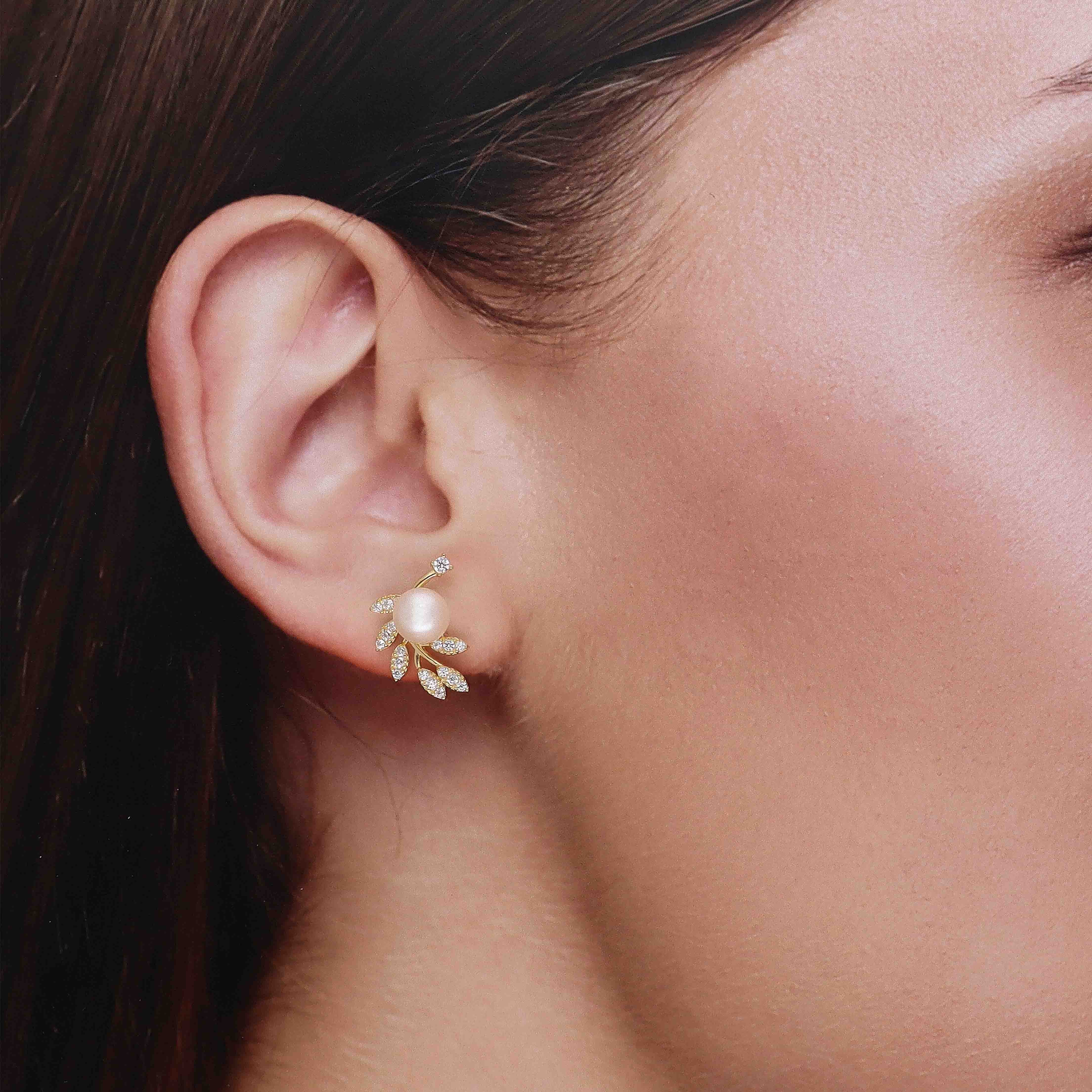 Sterling Gold Leafy Pearl Stud Earrings - Image 2