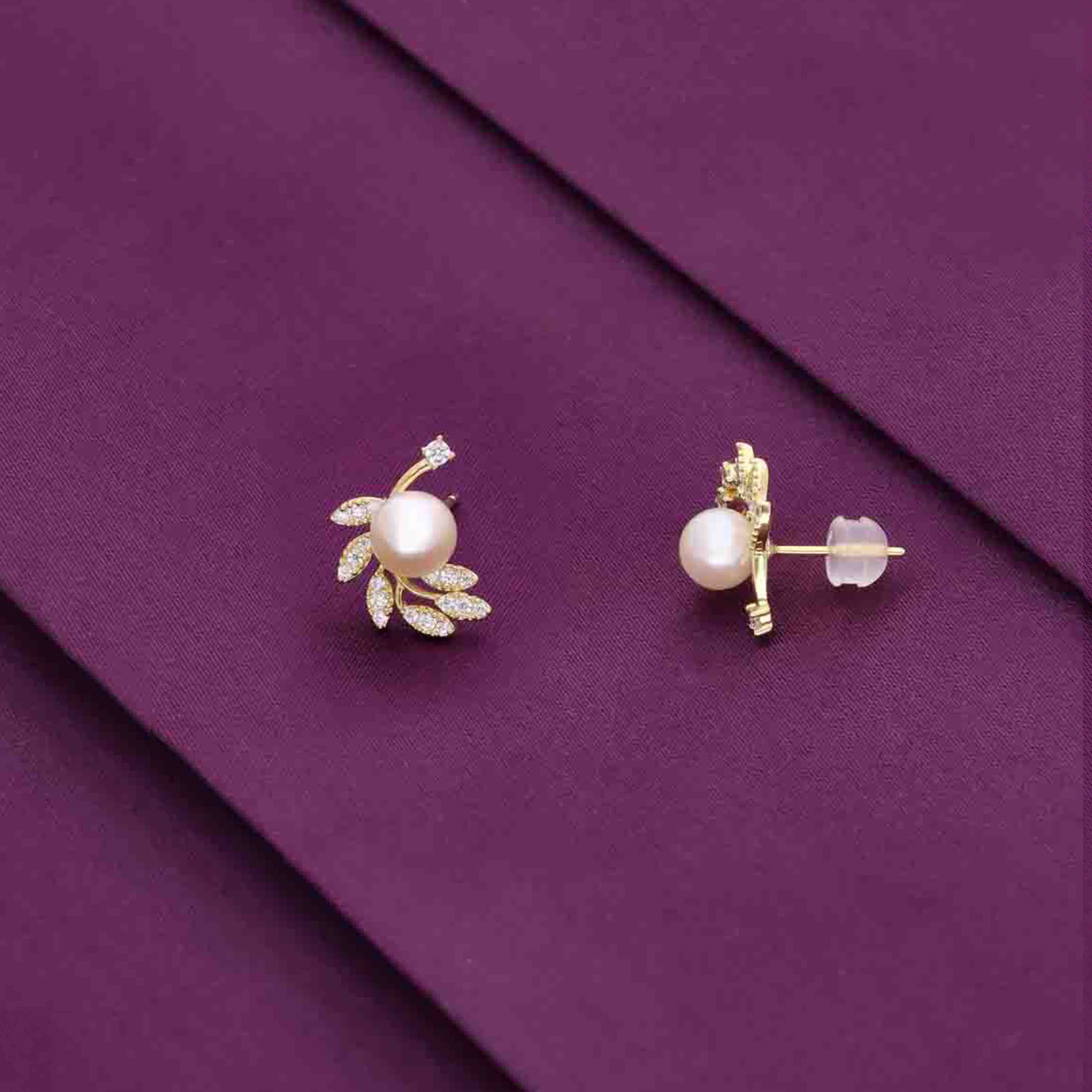 Sterling Gold Leafy Pearl Stud Earrings - Image 3