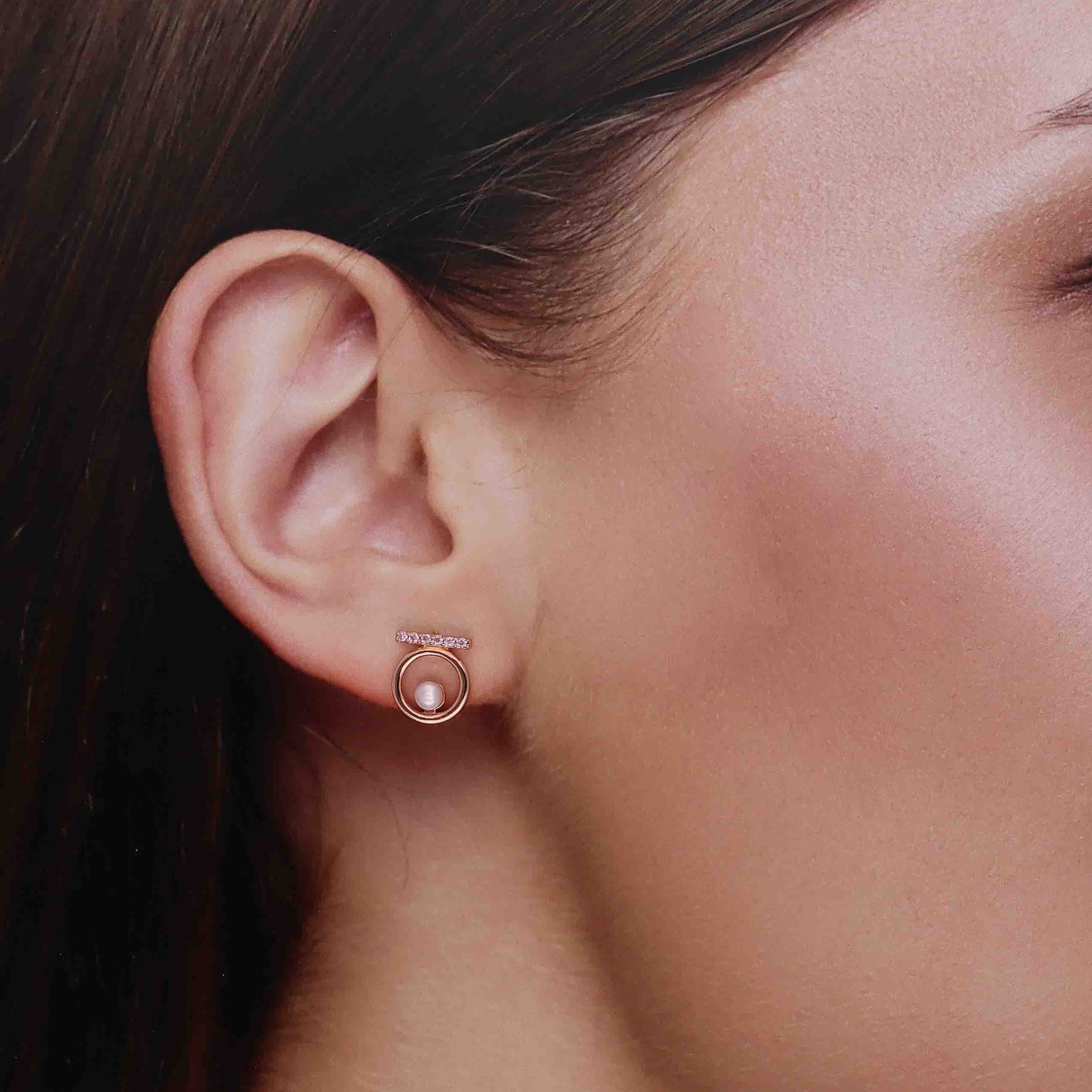Sterling Rose Gold Circular Pearl Stud Earrings - Image 2