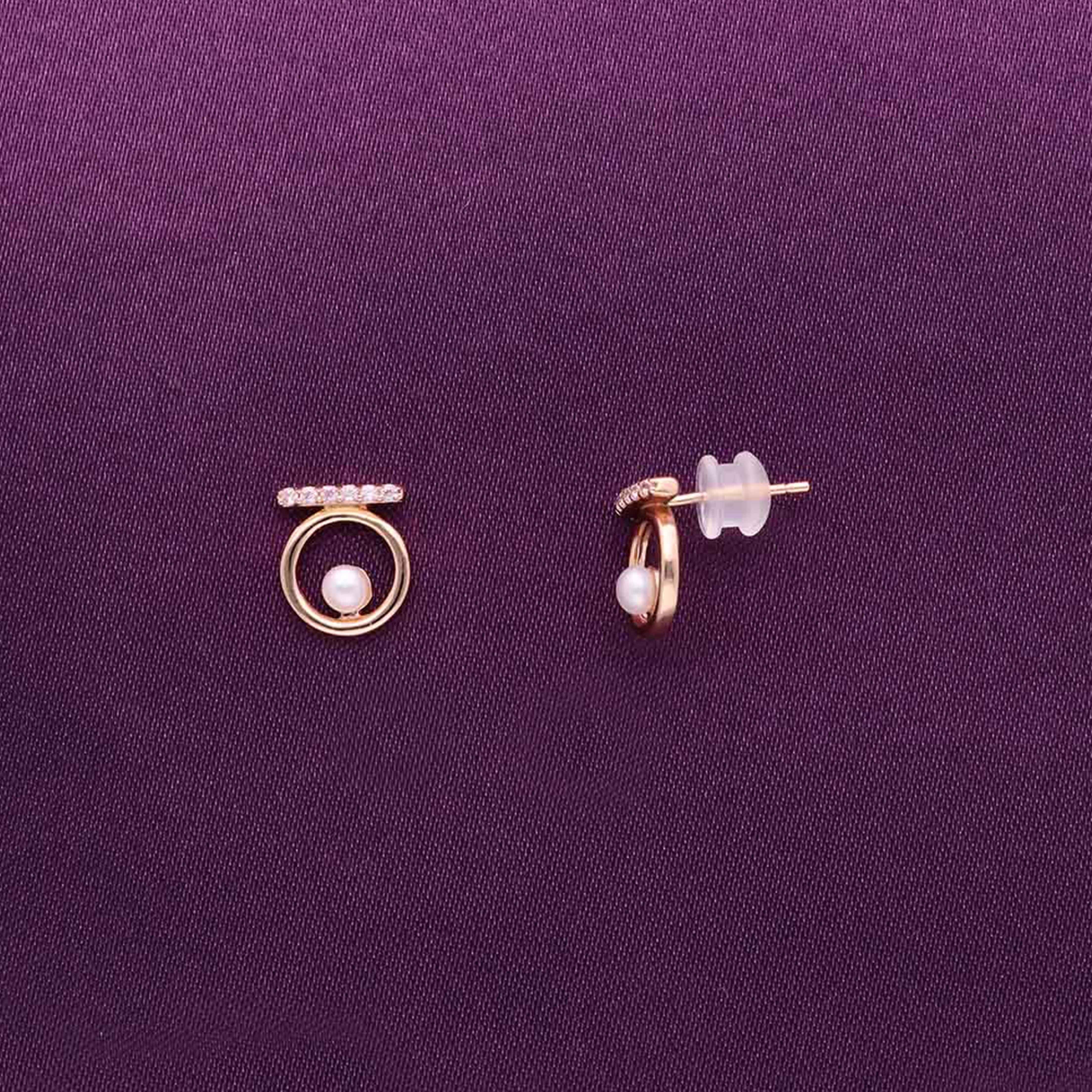 Sterling Rose Gold Circular Pearl Stud Earrings - Image 3