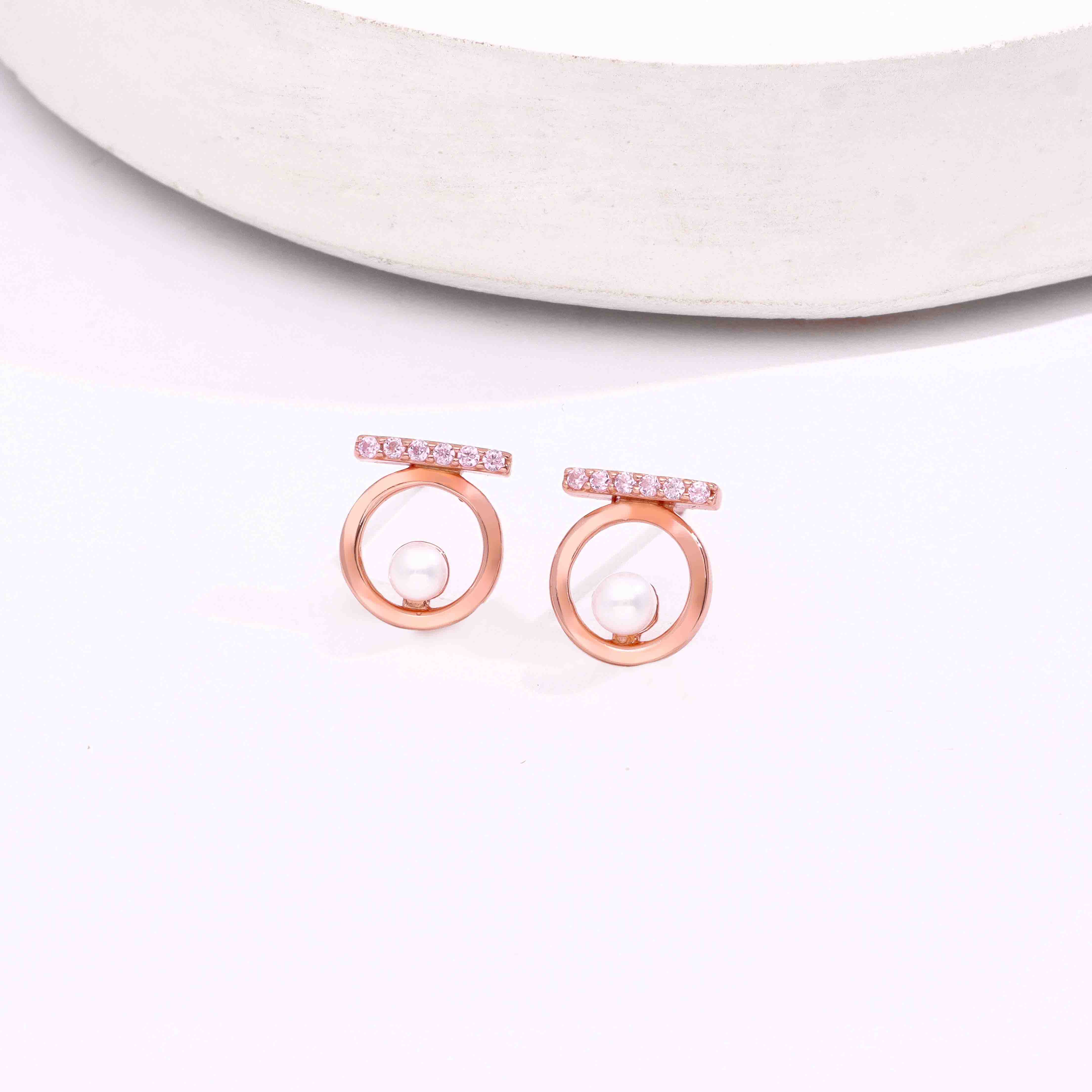 Sterling Rose Gold Circular Pearl Stud Earrings - Image 5