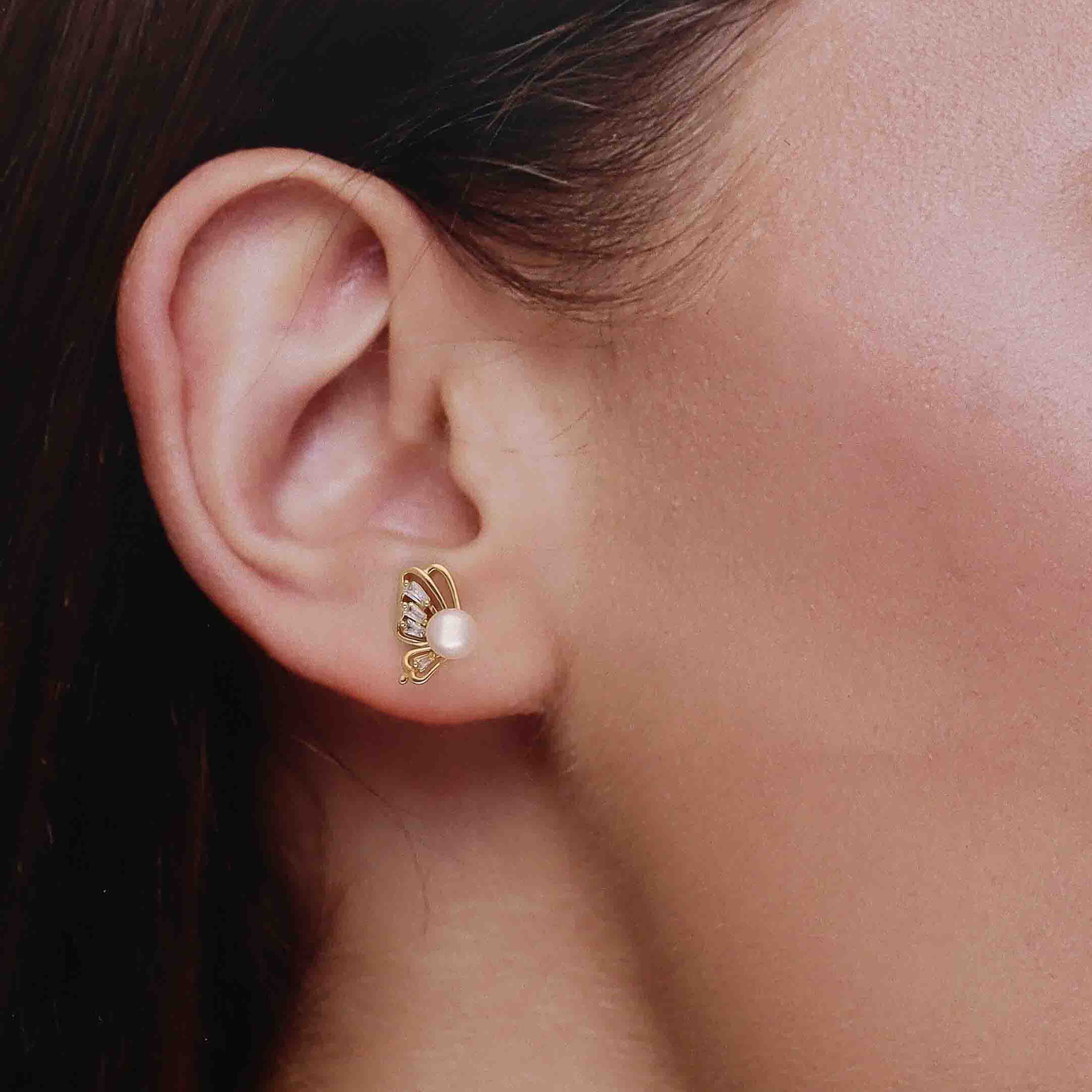 Sterling Pearl Butterfly Stud Earrings - Image 2