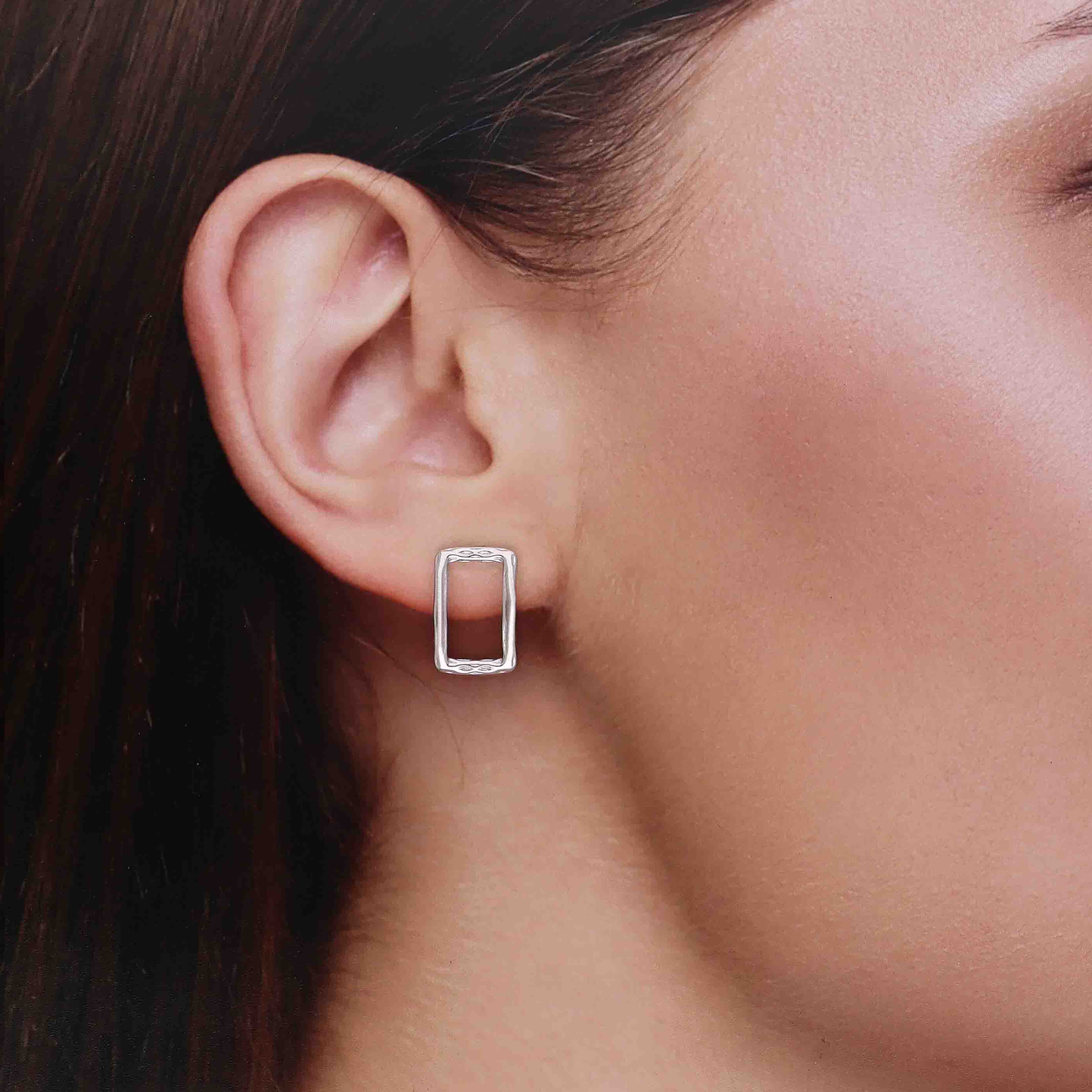 Silver Frame Minimalist Rectangle Studs Earring - Image 4