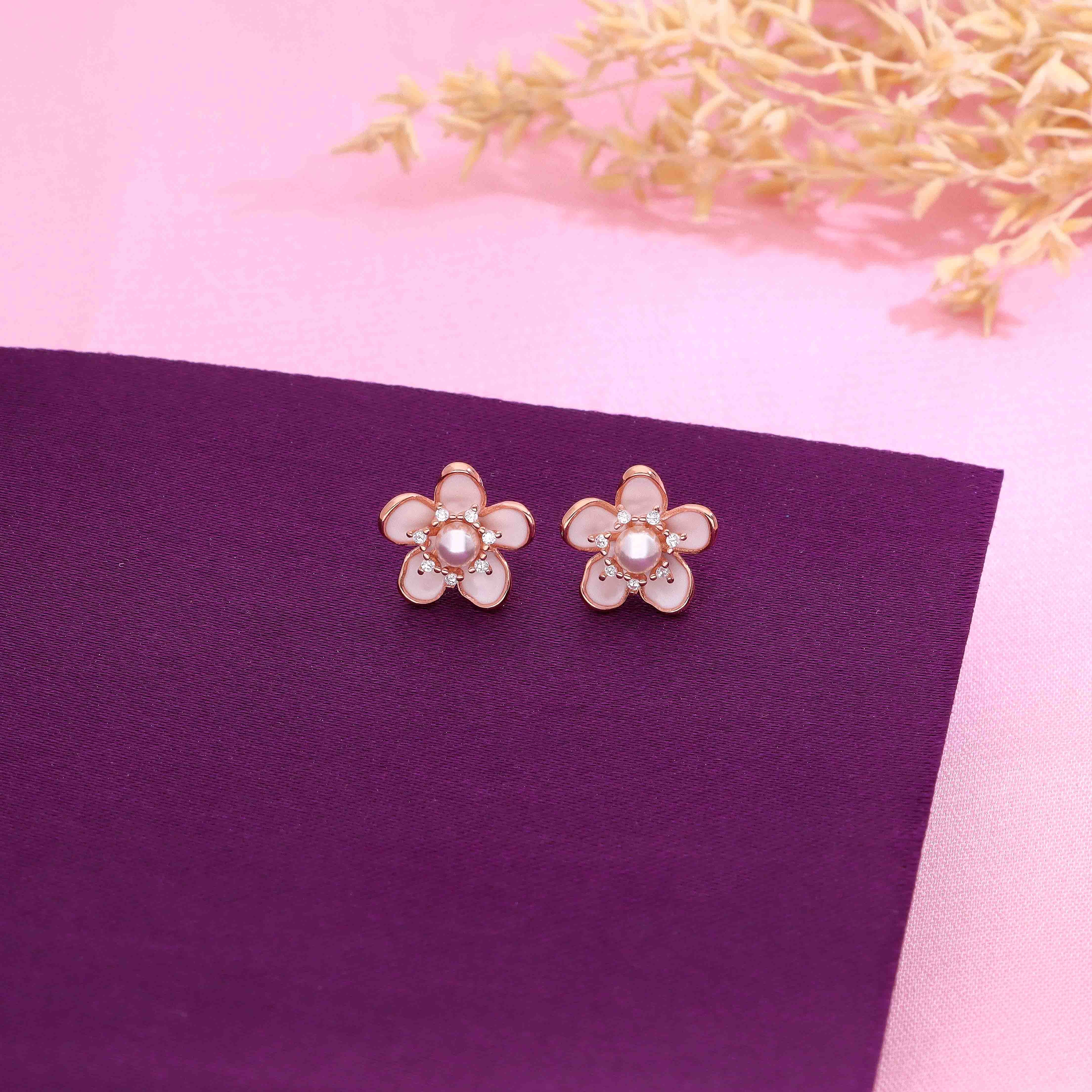 Silver Enamel Pearl Blossoms Flower Stud Earrings - Image 2